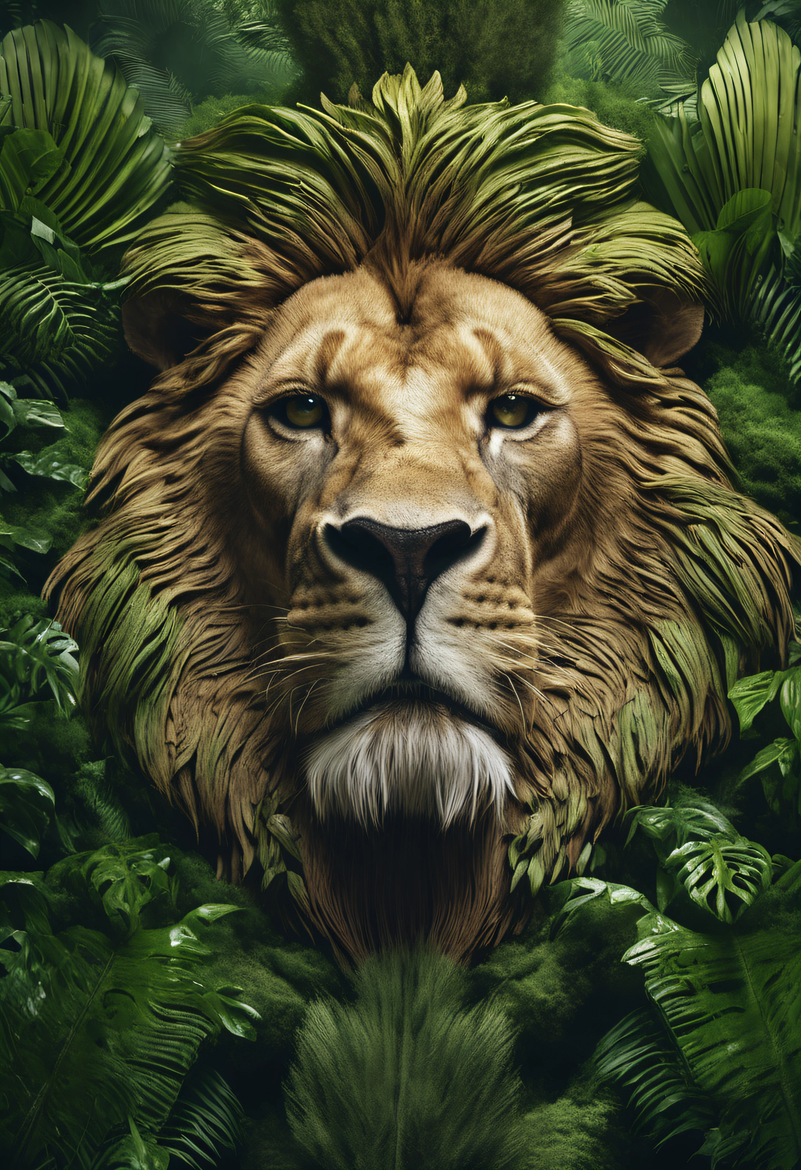 High nation-geographic symmetrical close-up portrait shoot in green jungle of an expressive lion, anamorphic lens, ultra-realistic, hyper-detailed, green-core, jungle-core –ar 16:9 –q 2 –v 5