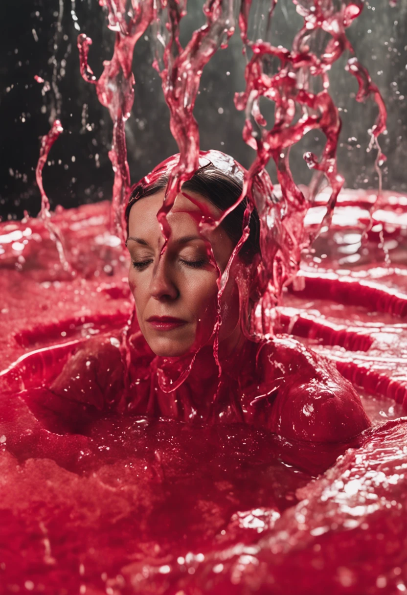 shot from the top, a party costume woman in water with her face covered by melted red ice, in the style of jennifer rubell, experimental filmmaking, louise bourgeois, aerial abstractions, dusan djukaric, blink-and-you-miss-it detail, realistic –ar 16:9