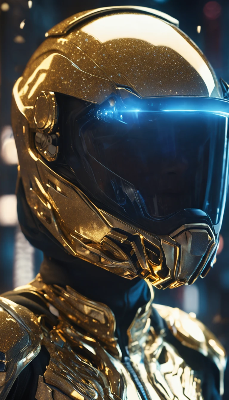 Close-up of a baby wearing a glittering gold helmet, blue color eyes, covering eyes, Reflective surfaces on helmets, ((Network helmets:1.2 Science fiction)), Futuristic, Network waves, Cyberpunk Background 2077, megacity, The new online world, cinematic ligh, hire, 4K, intricately details, grain, Side view