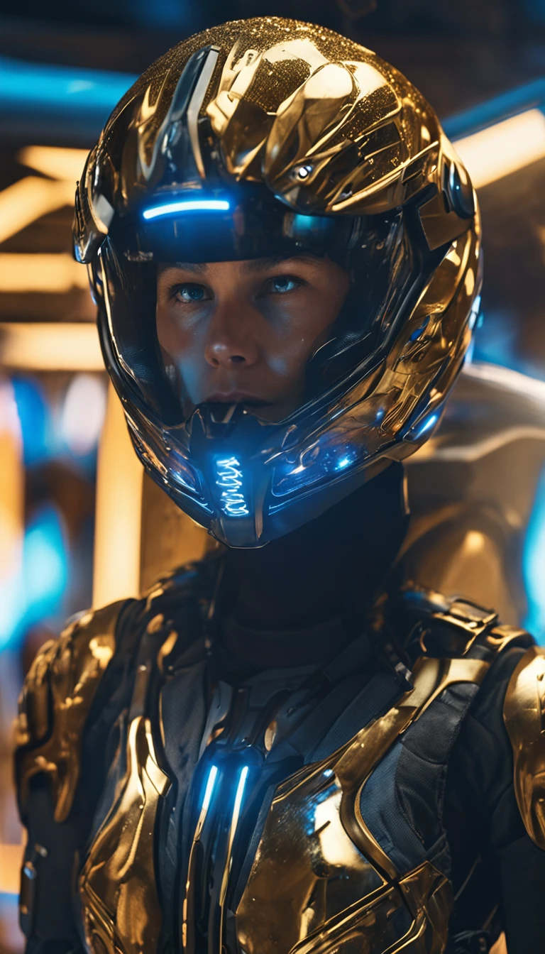 Close-up of a  wearing a glittering gold helmet, blue color eyes, covering eyes, Reflective surfaces on helmets, ((Network helmets:1.2 Science fiction)), Futuristic, Network waves, Cyberpunk Background 2077, megacity, The new online world, cinematic ligh, hire, 4K, intricately details, grain, Side view
