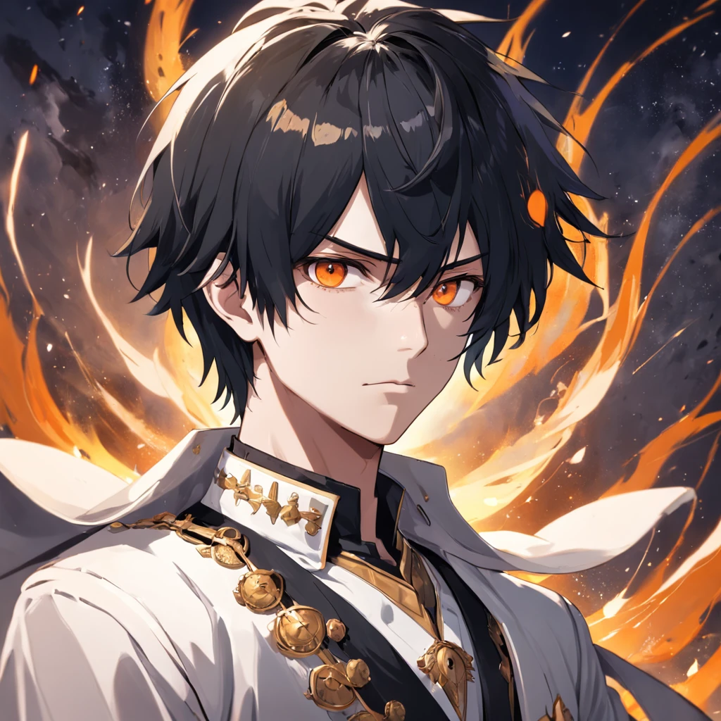 male people,19years old,Black color hair,short detailed hair,White gold bangs,quadratic element,with fair skin,high and cold,In a white marble palace,Domineering,elite,Pointed face,Orange pupils,White whites of the eyes,Black and Firey blazer for men,golden trim,Very dark sky,pocketwatch,Impeccable