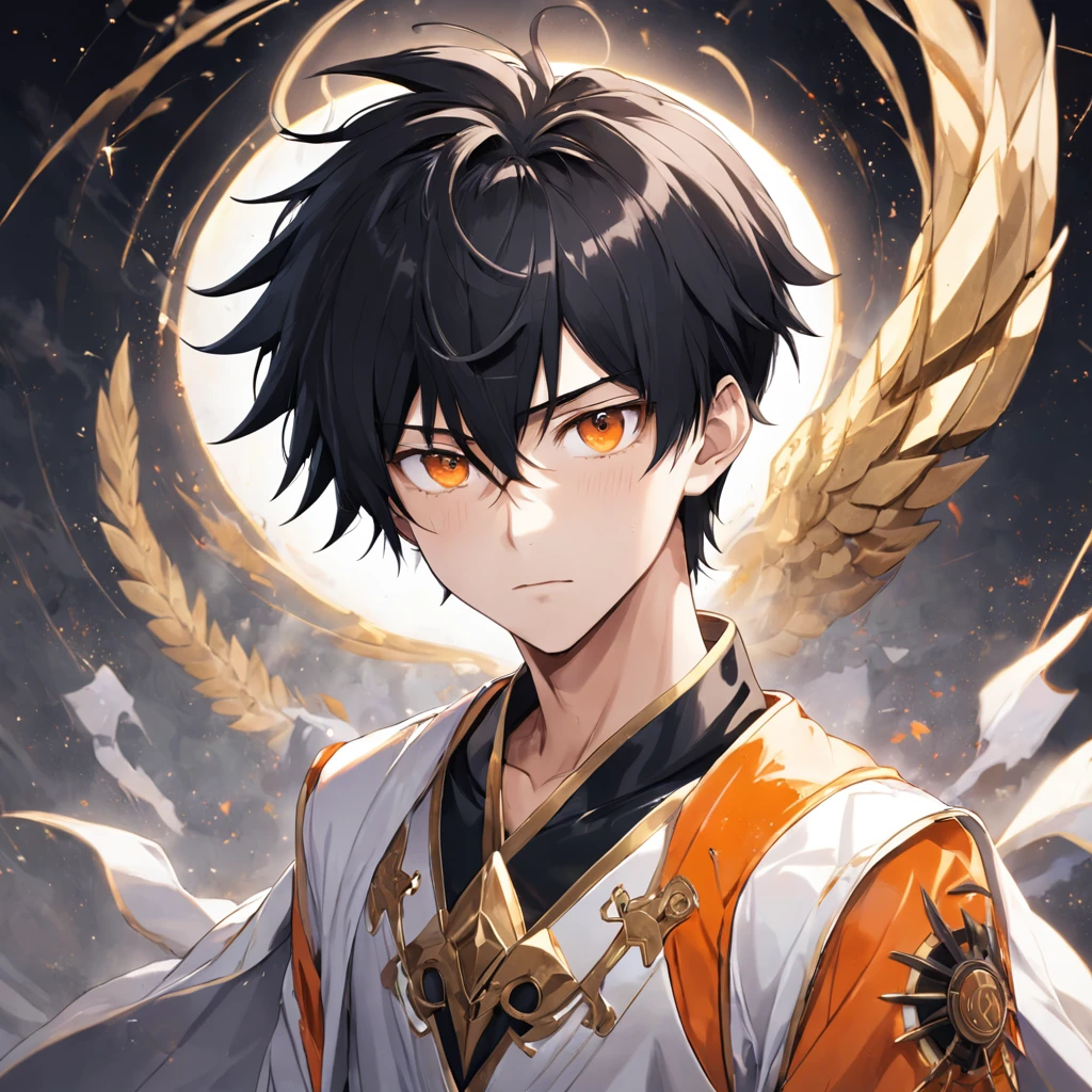 male people,19years old,Black color hair,short detailed hair,White gold bangs,quadratic element,with fair skin,high and cold,In a white marble palace,Domineering,elite,Pointed face,Orange pupils,White whites of the eyes,Black and Firey blazer for men,golden trim,Very dark sky,pocketwatch,Impeccable