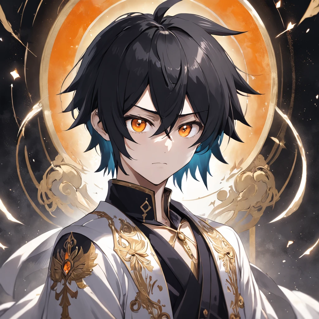 male people,19years old,Black color hair,short detailed hair,White gold bangs,quadratic element,with fair skin,high and cold,In a white marble palace,Domineering,elite,Pointed face,Orange pupils,White whites of the eyes,Black and Firey blazer for men,golden trim,Very dark sky,pocketwatch,Impeccable