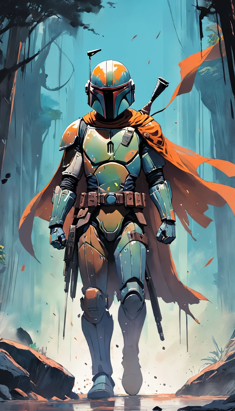 Mandalorian ink painting, Digital illustration, Comic strip style, aquarelle, ArtStation style, conceptual art, 2D illustration, author:Peter Draws, author:Carne Griffith, author:Wadim Kashin, full bodyesbian, Centered,Detailed, smooth, Dynamic pose