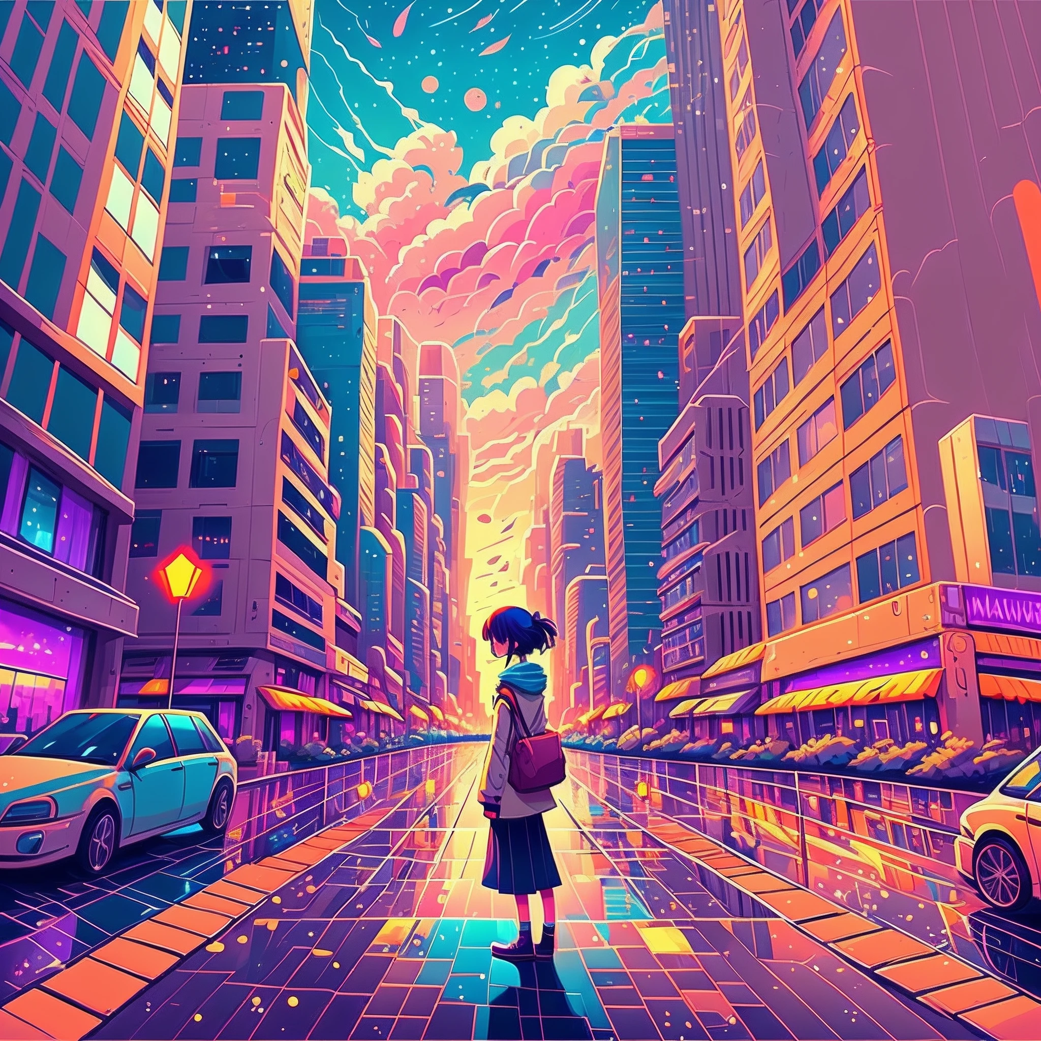Anime girl standing in big city looking at rainbow sky,Near Future City、 makoto shinkai cyril rolando, anime art wallpaper 4k, anime art wallpaper 4k, Anime art wallpaper 8k, inspired by Cyril Rolando, in the style dan mumford artwork, amazing wallpapers, by Yuumei --auto --s2