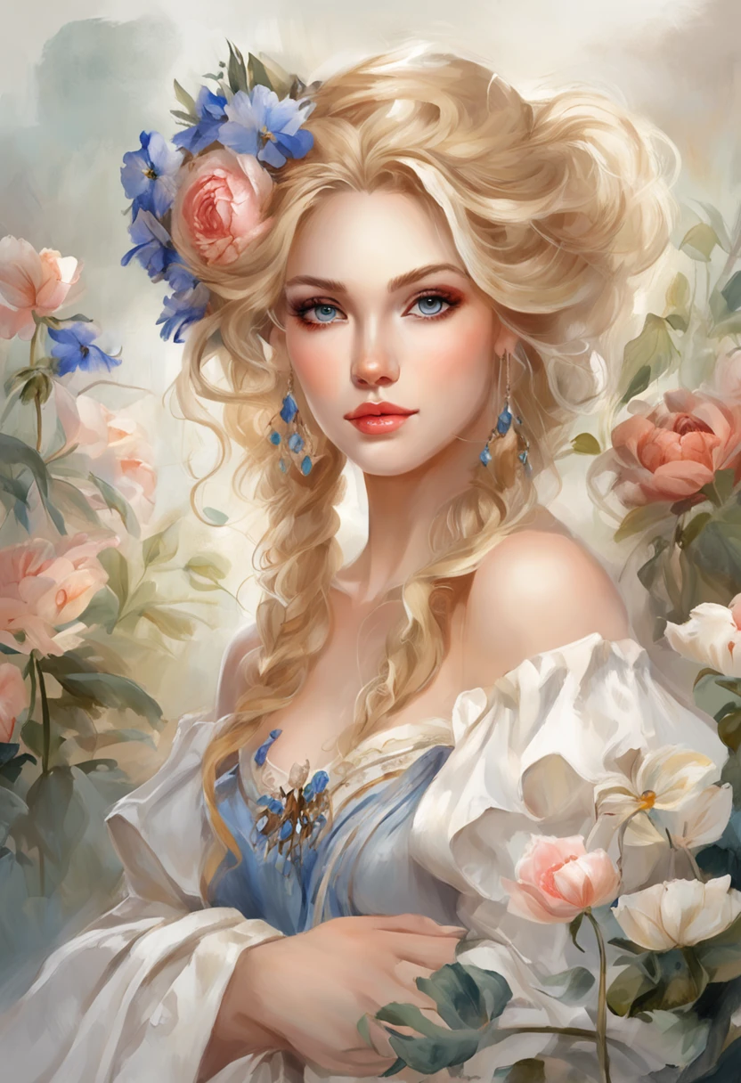 A woman sits in a huge makeup case，hold a flower, princess portrait, Guviz-style artwork, blond-haired princess, portrait of princess, Guviz, kazakh empress, portrait of a princess, portrait of princess zelda, in the art style of bowater, Baroque fluffy skirt，Fantasy art style, beautiful fantasy maiden，Exquisite and perfect facial features，美丽细致的眼睛，long eyelasher，Delicate eyeliner，Blue eyes，Dark pupils，There are bright spots in the eyes，almond eyes，Beautiful lip details，8K high-definition，anatomy correct，Oil painting thick painting style