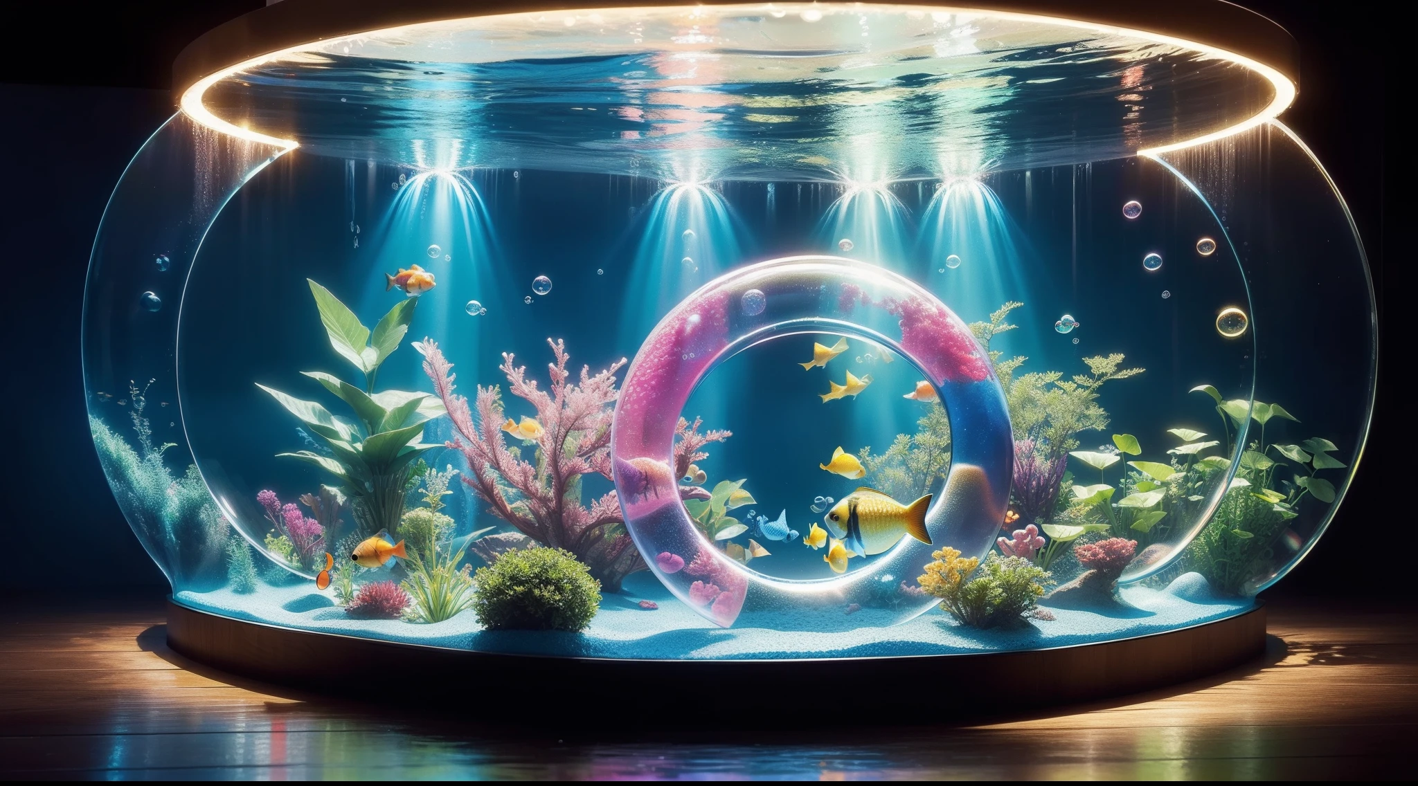 Ring-shaped aquarium, colorful and beautiful Small tropical fish pass through a (ring of bubbles:1.3). Bright light illuminates. no Human. Detailed drawing. Vivid colors. High image quality. (Best Quality), (masutepiece:1.3), Unity 8K Wallpaper. a beautiful artwork illustration, SIDESHOT,