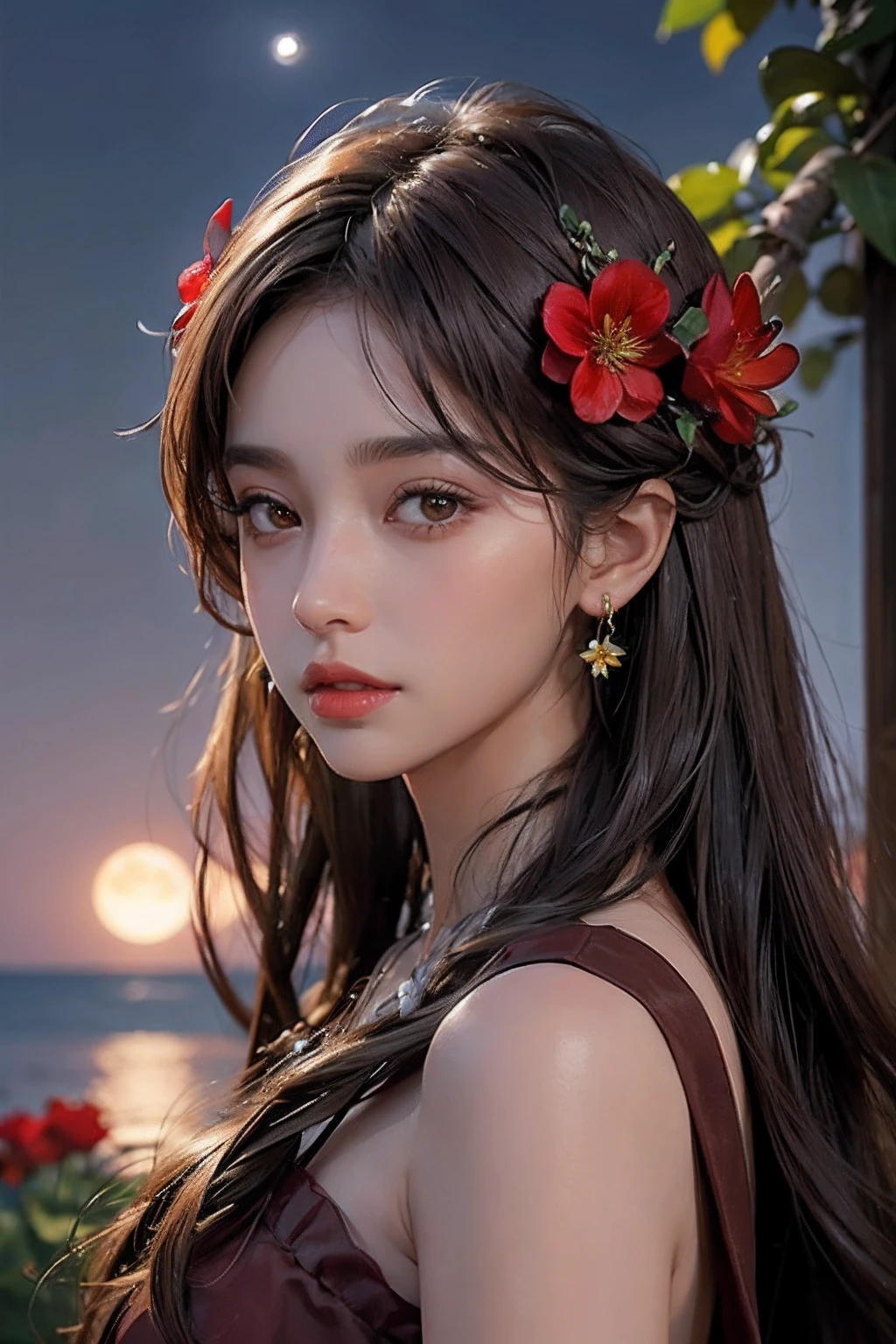 1girl, blurry, blurry_background, brown_eyes, brown_hair, depth_of_field, earrings, flower, full_moon, hair_flower, hair_ornament, lips, looking_at_viewer, moon, moonlight, night, night_sky, outdoors, red_flower, red_moon, sky, solo