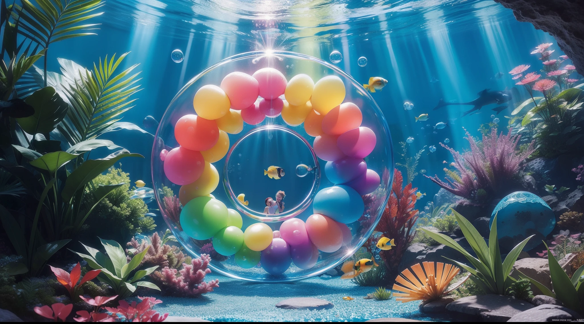 Ring-shaped aquarium, colorful and beautiful Small tropical fish pass through a (ring of bubbles:1.3). Bright light illuminates. no Human. Detailed drawing. Vivid colors. High image quality. (Best Quality), (masutepiece:1.3), Unity 8K Wallpaper. a beautiful artwork illustration, SIDESHOT,
