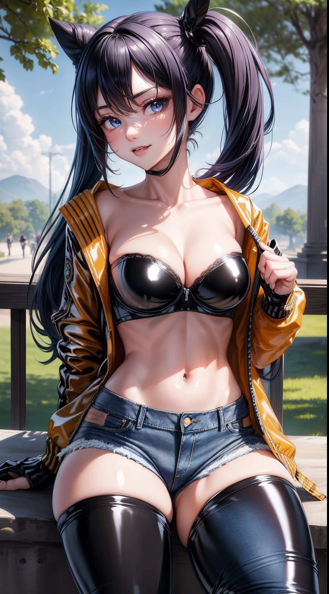 8k, highres, ultra detailed, (masterpiece:1.4), best quality, symmetrical body, a beautiful 18 year old girl, (jacket made of jeans material:1.5), (black latex bandeau bra:1.5), (jeans shorts:1.5), (cotton overknee socks:1.5), full body shot, cute, solo, long hair, purple hair, two ponytails hairstyle, blue eyes, glow effect, finely eye, detailed face, looking at viewer, smilling at viewer, dominant look, (seductive:1.4), big breasts, sun, rim light, in the park