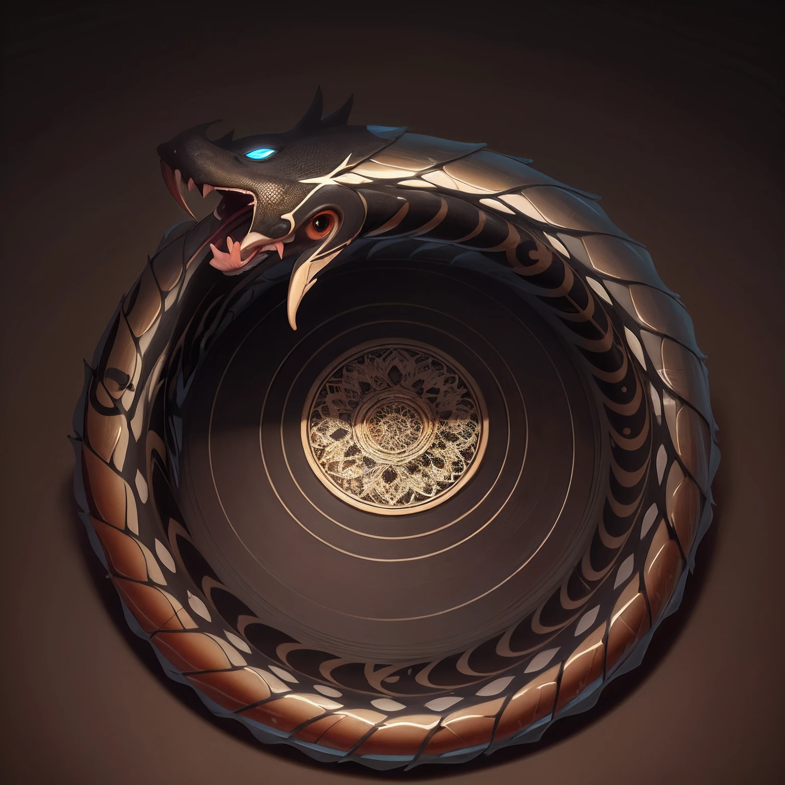 A detailed uroboro, ring snake, snake eating his own tail, scales, intricate details, circle composition, best quality