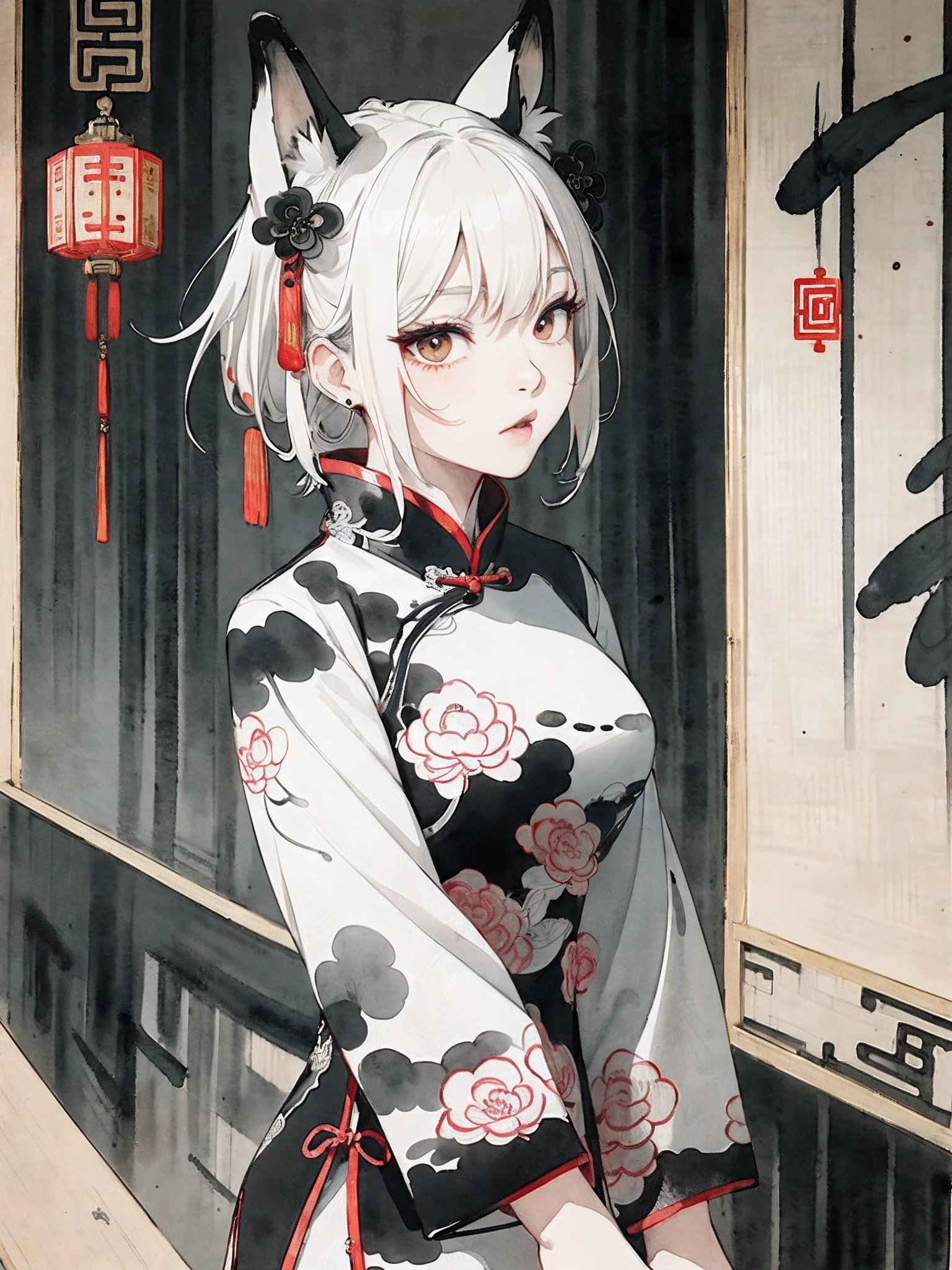 ((8K,​masterpiece、top-quality))、((Traditional Chinese Ink Painting:1.4)),lotuses,((qipao dress:1.3)),Dress conservatively ,独奏、white  hair、fox ear、blanche,looking at viewert