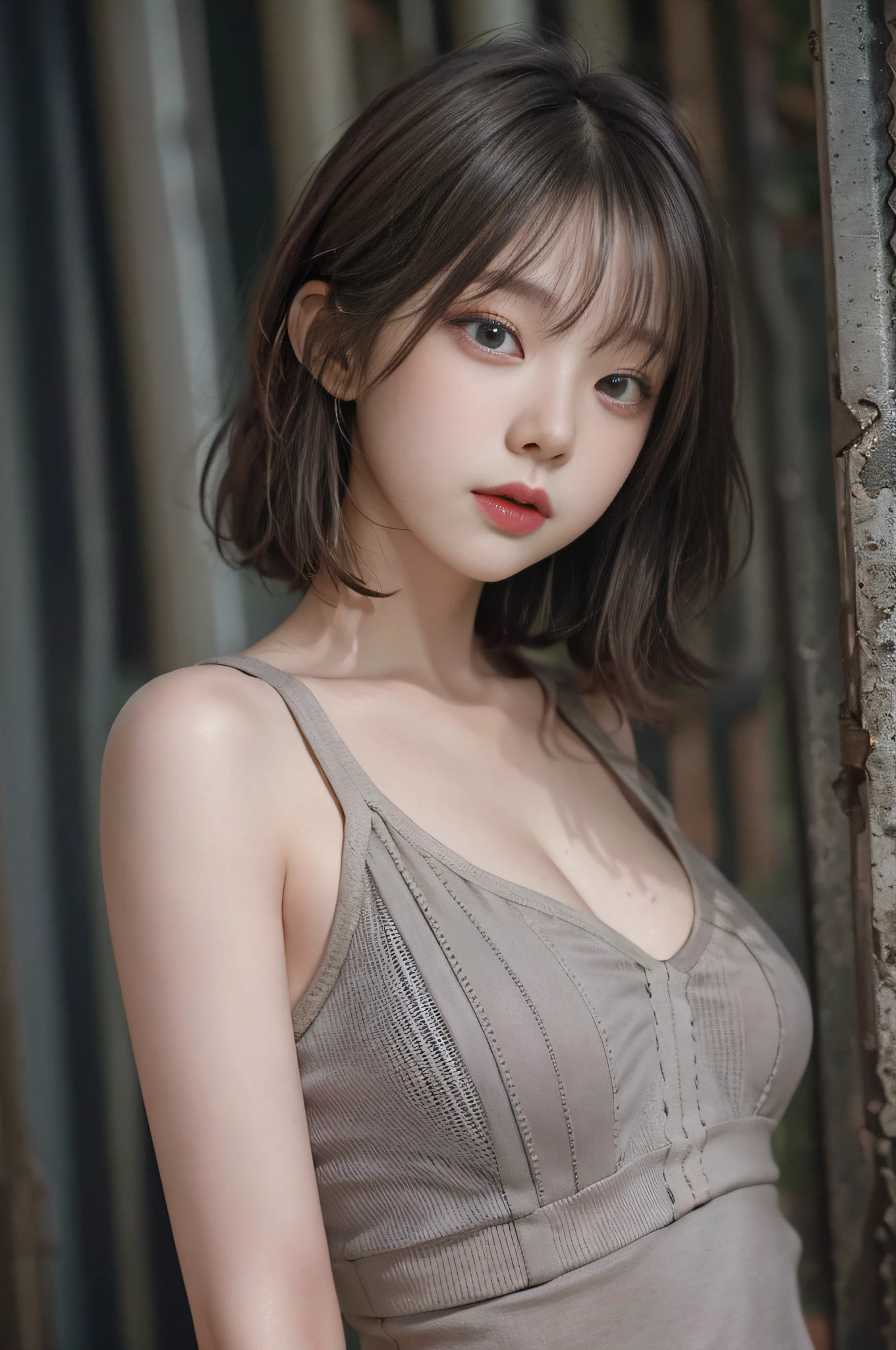 Top image quality、Raw photography、超A high resolution、An 18-year-old woman、Shooting for one person only、modelshoot、round breast、cleavage of the breast、Summery clothes、Beautiful Eyes of Details、very elongated eyes、Beautiful eyelashes、Beautiful double eyelids、Black walls、very slender legs、Shorthair with light brown hair、very slender physique、Very small buttocks