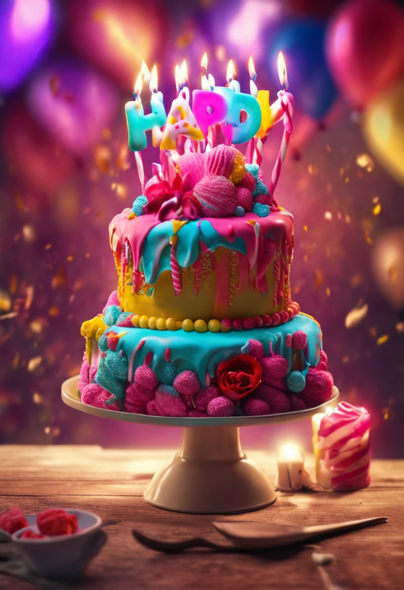 Ultra realistic birthday cake, detalhado, 4k, colorido criativo