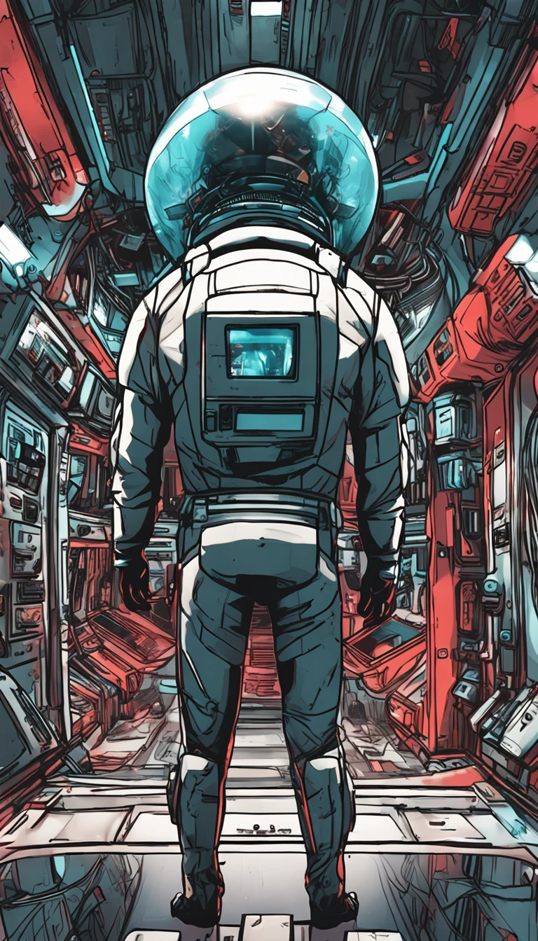 Space capsule，looki at viewer，Realiy，A man in a black tight leather jacket，Wearing a futuristic helmet，cowboy lens，（fish eye），Cramped and dirty room，clothes details，Japan's old red light district，（（（）），（（natta）），