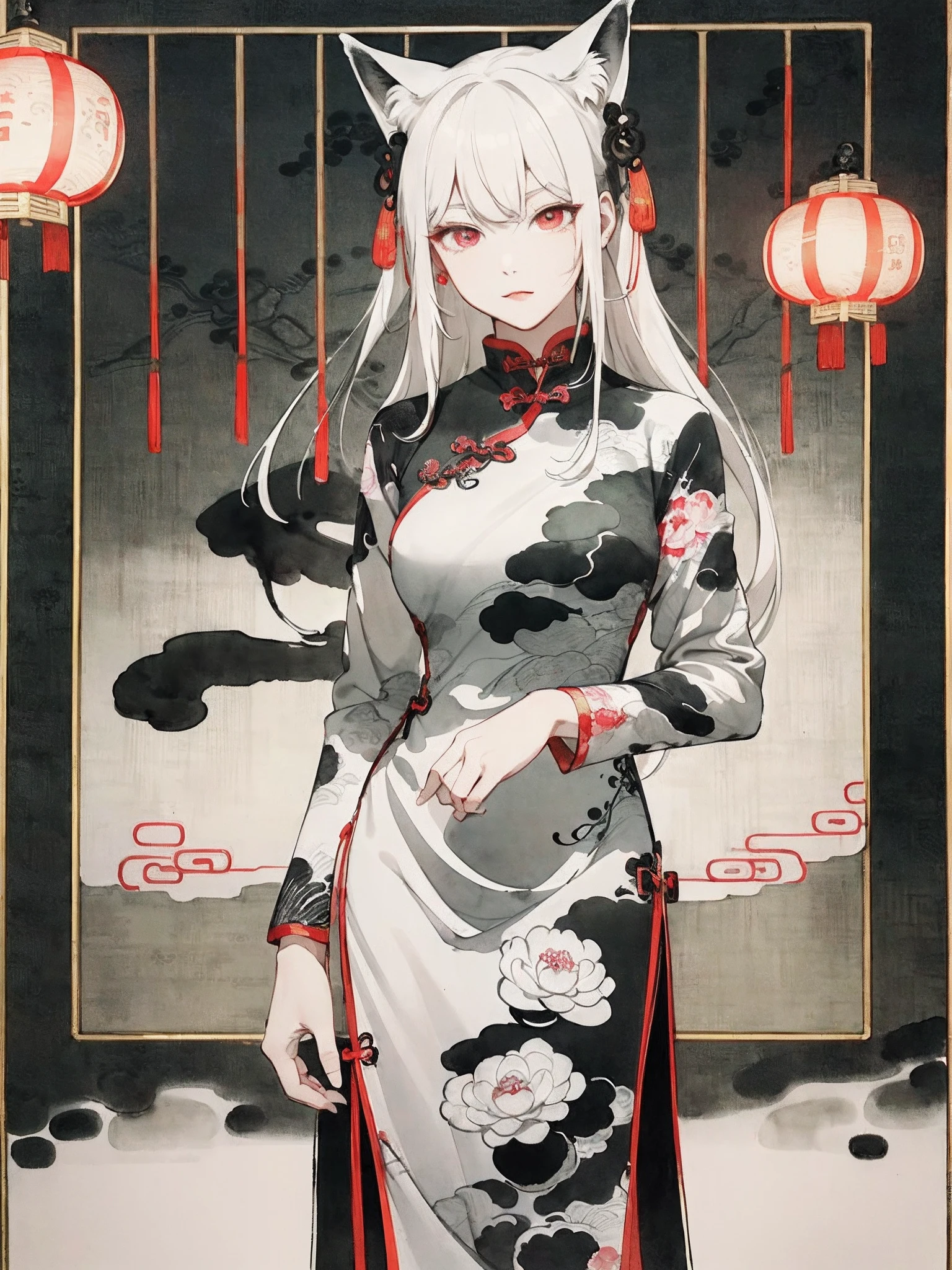 ((8K,masterpiece、top-quality))、((Traditional Chinese Ink Painting:1.4)),lotuses,((qipao dress:1.3)),Dress conservatively ,独奏、white hair、fox ear、blanche,looking at viewert
