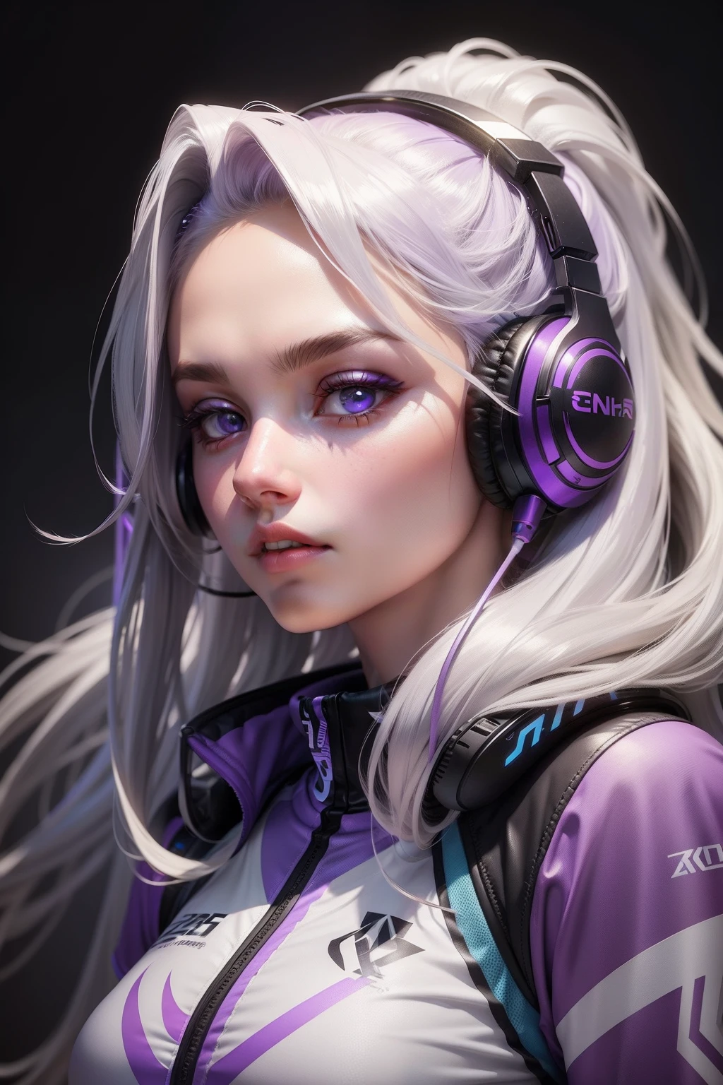 Esports Female Silver Long Hair Purple Esports Headphones Beautiful Style Surrealism Realistic Three-dimensional Style