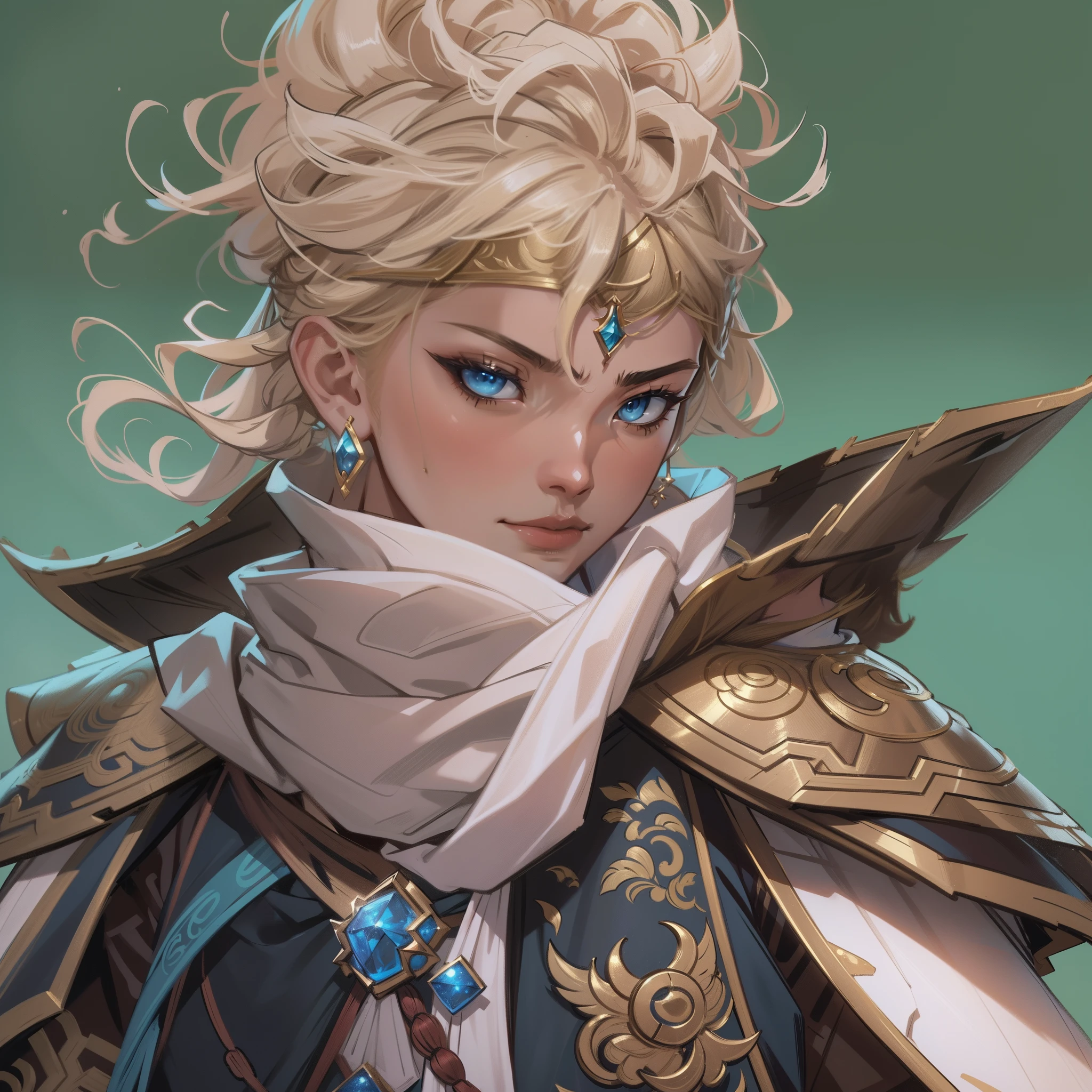 A close-up of a 30-year-old strongman, with hazel eyes and very short curly blonde hair, Porter une tenue de combattant bleu et sarcelle, A hero with hazel eyes, Man fighting with bare hands, Mage with air magic, debout dans un temple chinois, Nouveau concept de costumes, in the style of the blade and the soul, Concept of complete character of the body, Detailed character design, inspired by Yang Jin, inspired by Li Mei-shu, Costume chinois, inspired by Lan Ying, inspired by Sim Sa-jeong, inspired by Li Tang, lunar themed attire, Costume with gold accents, inspired by Ju Lian, colored concept art, Highly detailed character design, high detail face, Inspired by Ai Xuan, high detail face, unreal engine render, Style Final Fantasy 14, inspired by Leng Mei