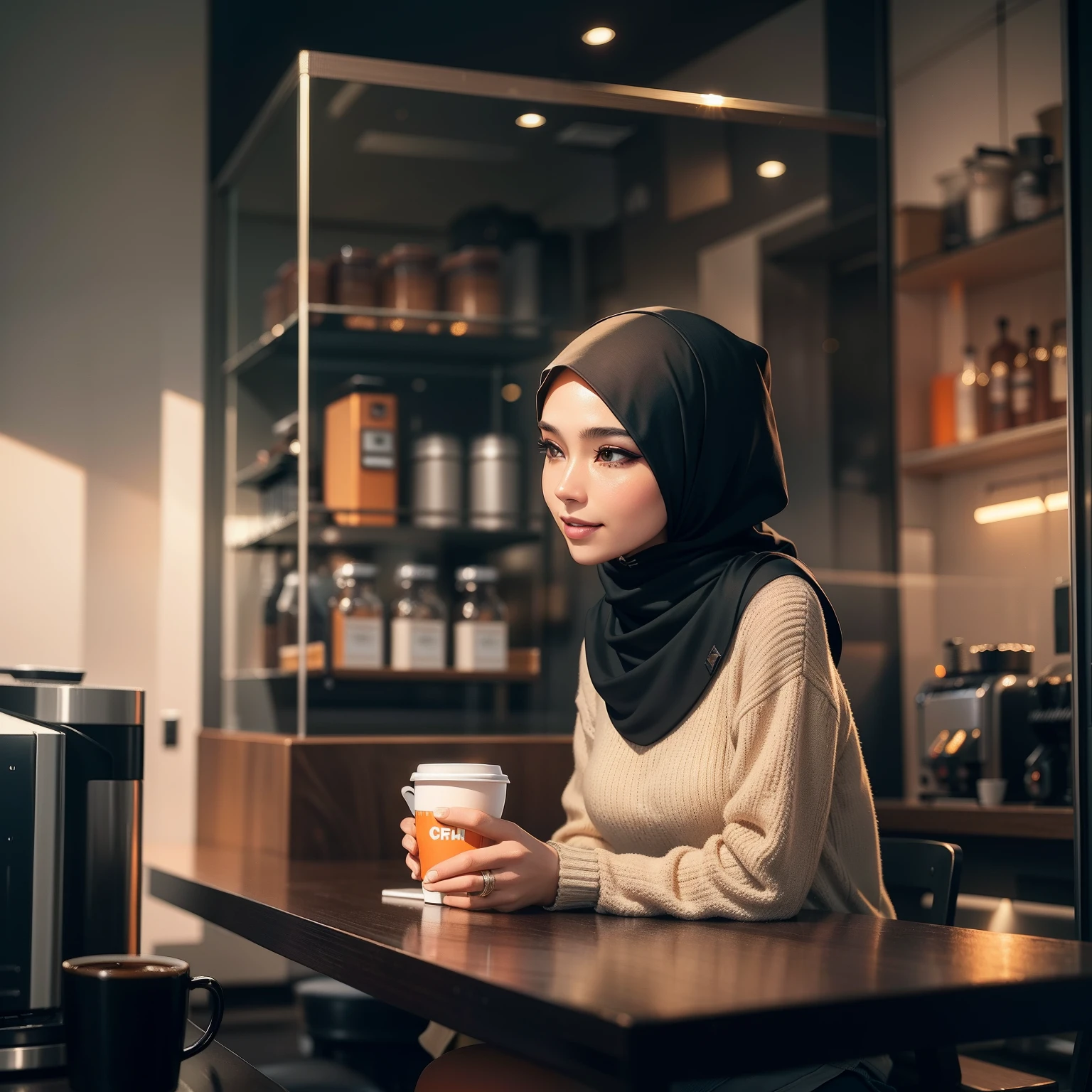 Best quality,tmasterpiece,Ultra-high resolution fills the picture,Indoor at night,Cafe in the sky,Orange color scheme for the café,There was coffee,the night,inside in room,Coffee machine, Orange neon color scheme,Silver-white hijab,modest Black fashion clothing,neat clothing, Orange and black matching outfits,boxer,Cafe beautiful girl,cyberpunk background, The background is colorful,Lateral face,Smiling,Various laid-back poses,Perfect makeup,Love eyes,8K quality,cyber punk perssonage,sense of science and technology,Character backlighting,rim-light,Movement changes,Flowing hairstyle,Loose hairstyle,The number of fingers is refined,The most beautiful malay girl in mankind,Wearing earphones,Luminous accessories,Luminous earrings,Wear delicate accessories,Delicate close-up of the face,Realistic image quality,Super light and shadow,Very good figure,Meticulous,Have a cup or coffee on the roof in the evening,Very good figure,Raised sexy,luminous,Cool,Very stylish café,Cafe at night,Ray gorgeous,Have food,Laugh happily,