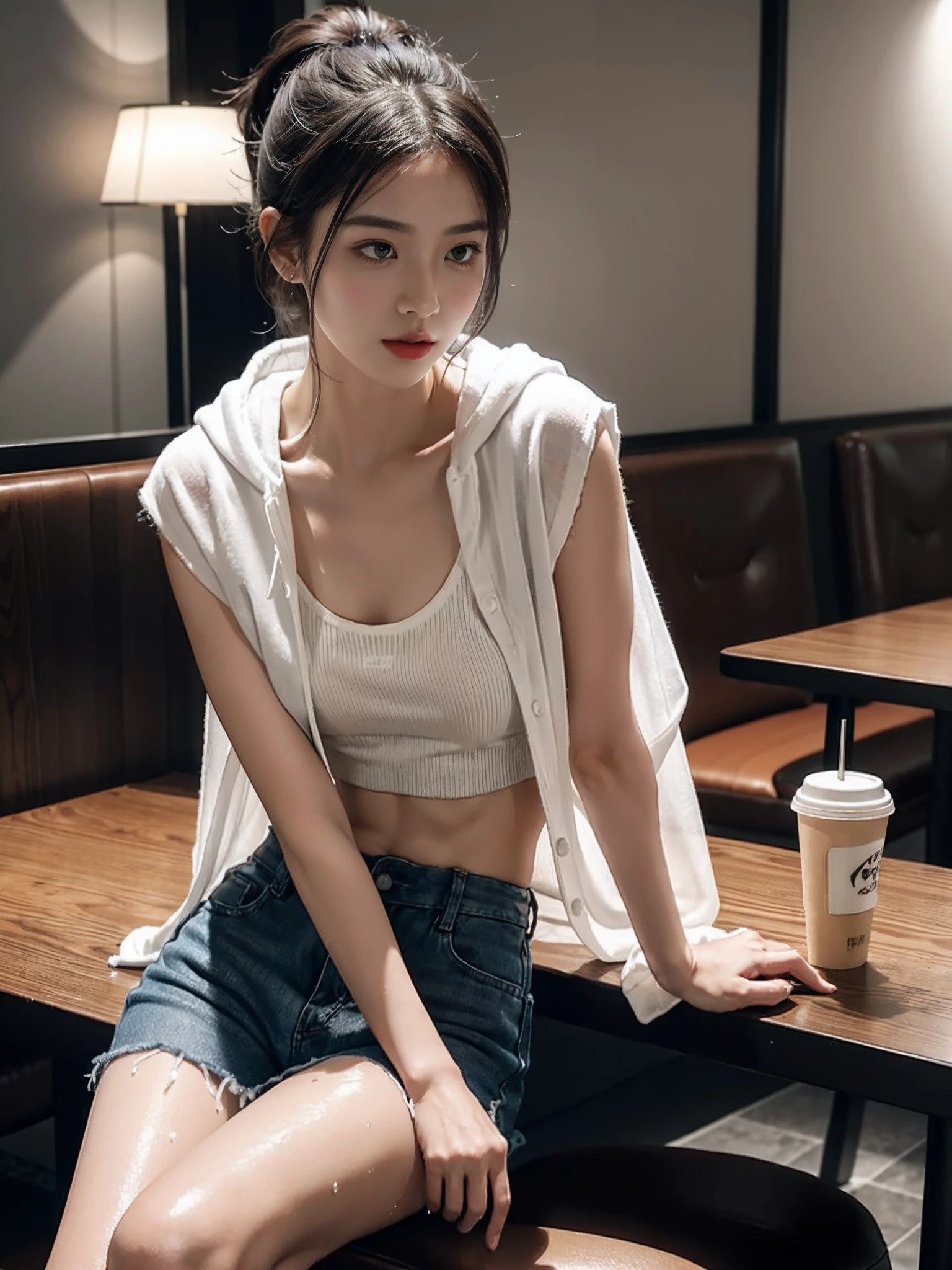 ((smallunderboob,Tomboyish,small heads)), (Well-defined abs: 1.1), (perfect bodies: 1.1), (short-length straighthair: 1.2), Black hair, upper body photos, attractive collarbone，nabel，（极其细致的CG 8k壁纸），（Extremely refined and beautiful），（tmasterpiece），（best qualtiy：1.0），（超高分辨率：1.0），beautiful light up，Perfect lightning，realistic shaded，[A high resolution]，Smooth and flawless fair skin，ultra - detailed ，Elongated legs，flatchest，Slim，emaciated，Short ponytail hair，White sheer tulle hooded cardigan，White transparent vest，Black shorts，White sneakers，夏天，Dark night，overcast day，Rainy days，It was raining heavily outside，In a hamburger milk tea fast food restaurant，Bright interior lighting，At the table，sit on chair，A cup of coffee on the table，Wet hair，her clothes are soaked，Clothing clings to the skin，Water droplets are all over the body，Next to it stands a wet transparent umbrella