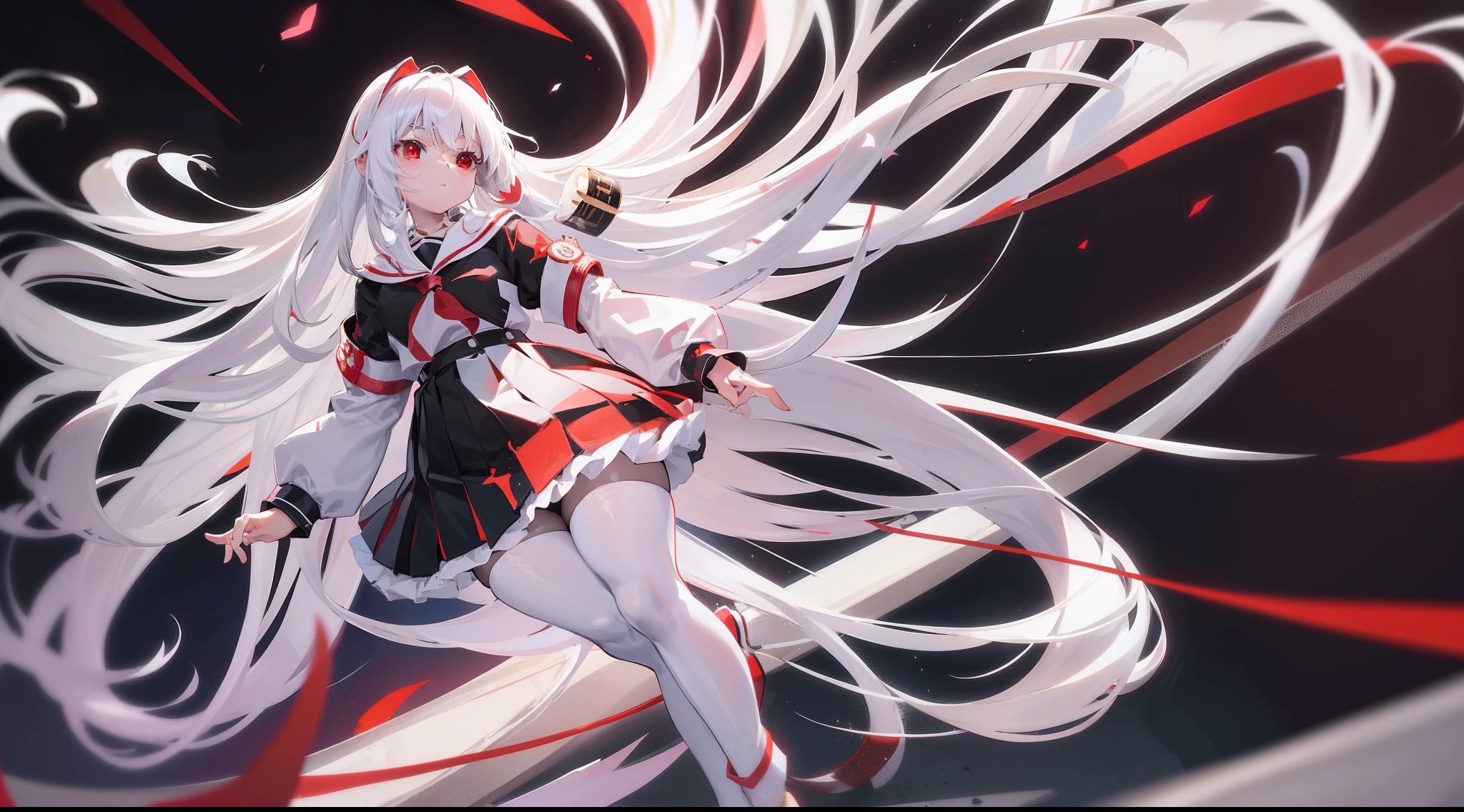 Long white hair, Red eyes, Black pleated skirt,Inside was a white sailor suit,Wearing black pantyhose, Plump body, An anime character, Only one person,Drinking brown drinks on the street