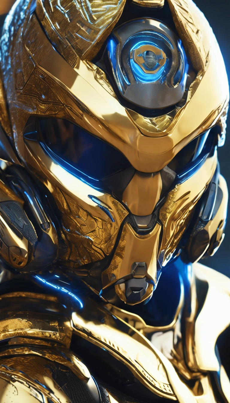 Close-up of baby wearing a glittering gold helmet, blue color eyes, covering eyes, Reflective surfaces on helmets, ((Network helmets:1.2 Science fiction)), Futuristic, Network waves, Cyberpunk Background 2077, megacity, The new online world, cinematic ligh, hire, 4K, intricately details, grain, Side view
