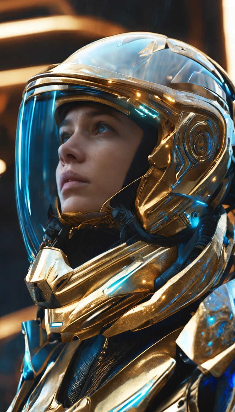 Close-up of baby wearing a glittering gold helmet, blue color eyes, covering eyes, Reflective surfaces on helmets, ((Network helmets:1.2 Science fiction)), Futuristic, Network waves, Cyberpunk Background 2077, megacity, The new online world, cinematic ligh, hire, 4K, intricately details, grain, Side view