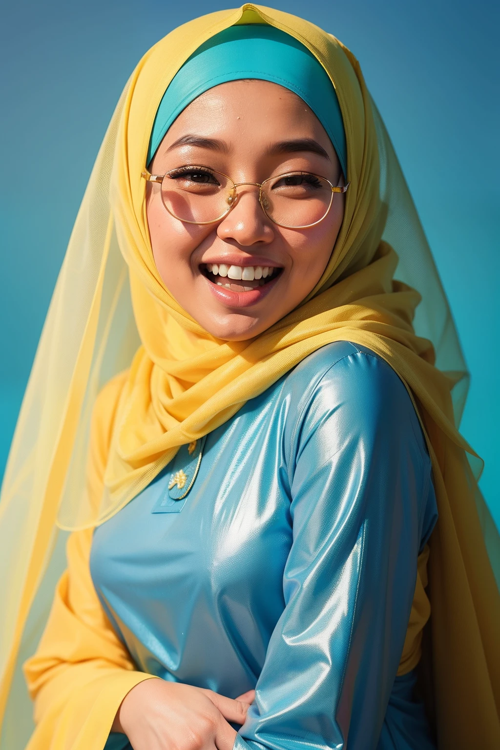 Modest and beautiful Malay woman in a light blue baju kurung in front of a yellow background, laughing, glasses, hijab, mira filzah, full portrait, on a yellow canva, full portrait shot, photo of young malay woman, photo of a woman, potrait, full shot portrait, in yellow background
