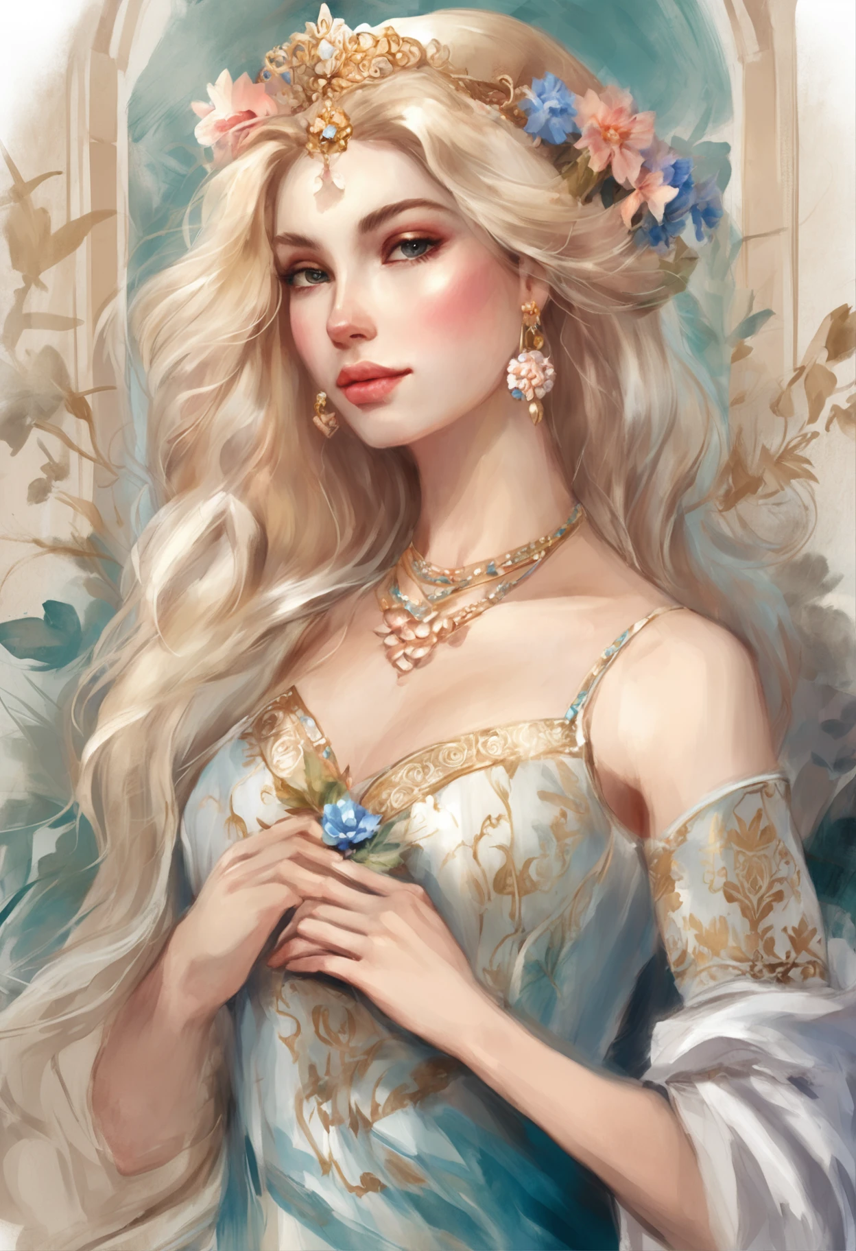 A woman sits in a huge makeup case,hold a flower, princess portrait, Guviz-style artwork, blond-haired princess, portrait of princess, Guviz, kazakh empress, portrait of a princess, portrait of princess zelda, in the art style of bowater, Baroque fluffy skirt,Fantasy art style, beautiful fantasy maiden,Exquisite and perfect facial features,美丽细致的眼睛,long eyelasher,Delicate eyeliner,Blue eyes,Dark pupils,There are bright spots in the eyes,almond eyes,Beautiful lip details,8K high-definition,anatomy correct,Oil painting thick painting style