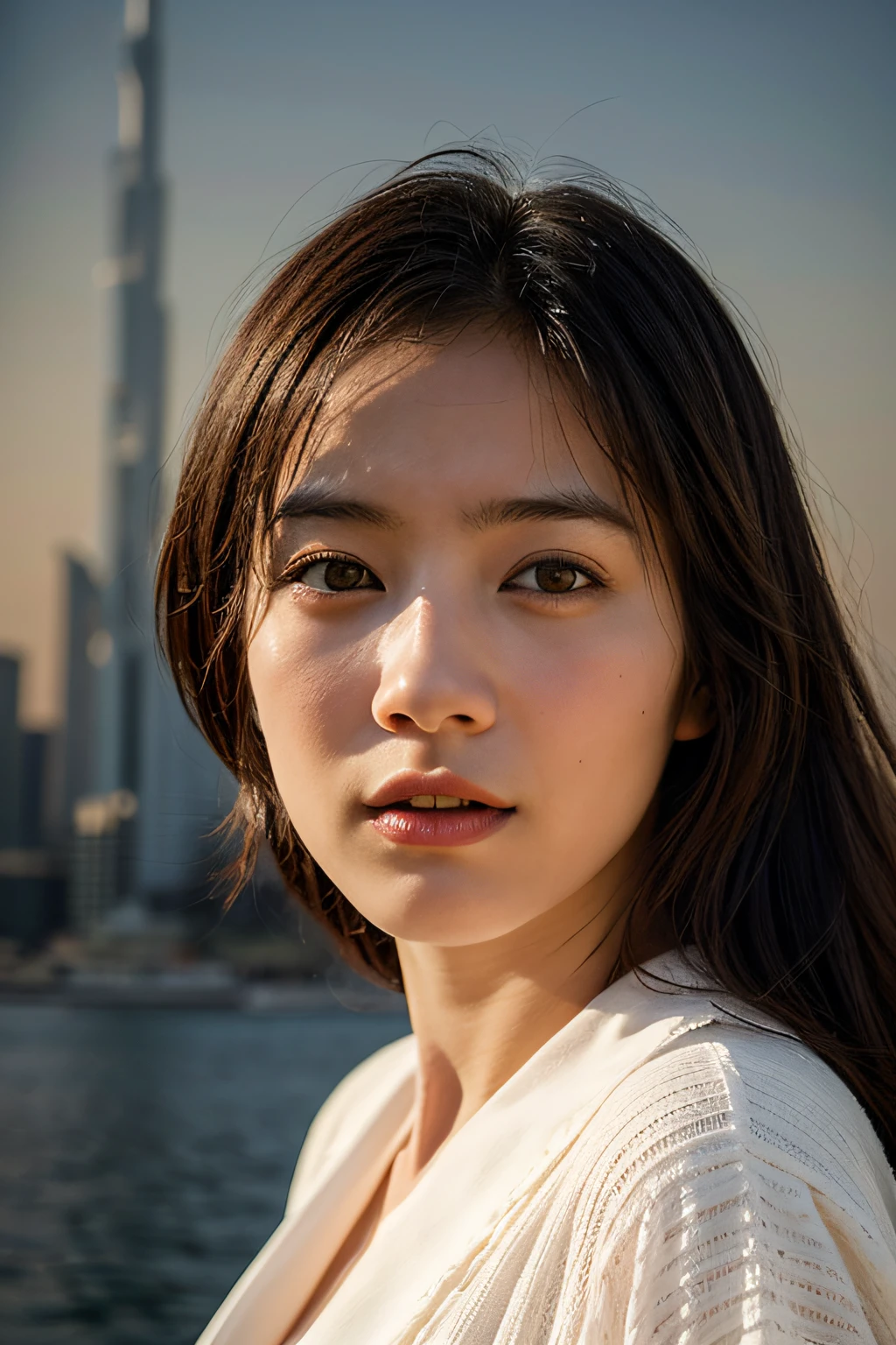 8k, RAW photo, best quality, masterpiece:1.2), High detail RAW color photo, professional photograph, (realistic, photo realistic:1.37), cinematic light, beautiful woman, dubai landscape