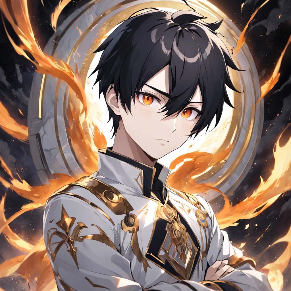 male anime boy，19years old，Black color hair，short detailed hair，White gold bangs，quadratic element，with fair skin，high and cold，In a white marble palace，Domineering，elite，Pointed face，Orange pupils，White whites of the eyes，Black and Firey blazer for men，golden trim，Very dark sky，pocketwatch，Impeccable, ((fire orbiting the head of the man))