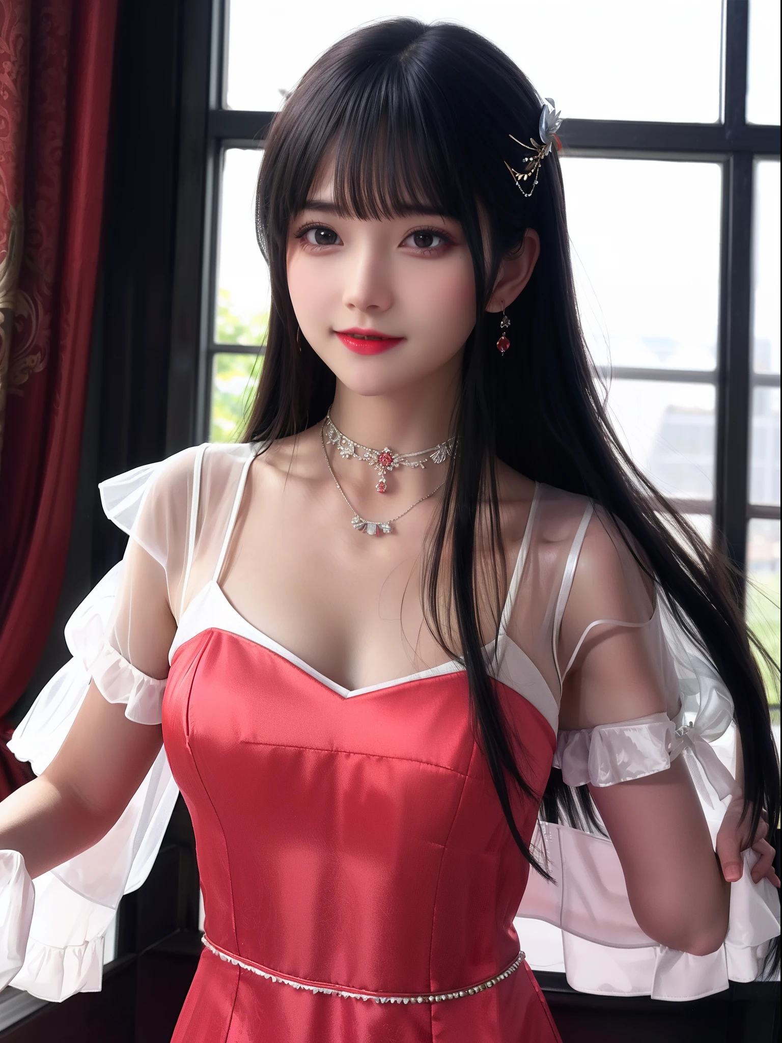 Best quality at best，tmasterpiece，A high resolution，1girll，Clear red silk porcelain dress，beautiful  face，hair adornments，looking at viewert，ssmile，closing the mouth，cparted lips，shift dresses，hair adornments，choker necklace，jewely，long whitr hair，耳Nipple Ring，beautiful  face，upon body，Dingdall effect，真实感，Dark Studio，edge lit，twotonelighting，（highdetailskin：1.2），8K  UHD，digital SLR camera，softlighting，high qulity，Volumetriclighting，sneak shot，photore，A high resolution，4K，8K，Background bokeh