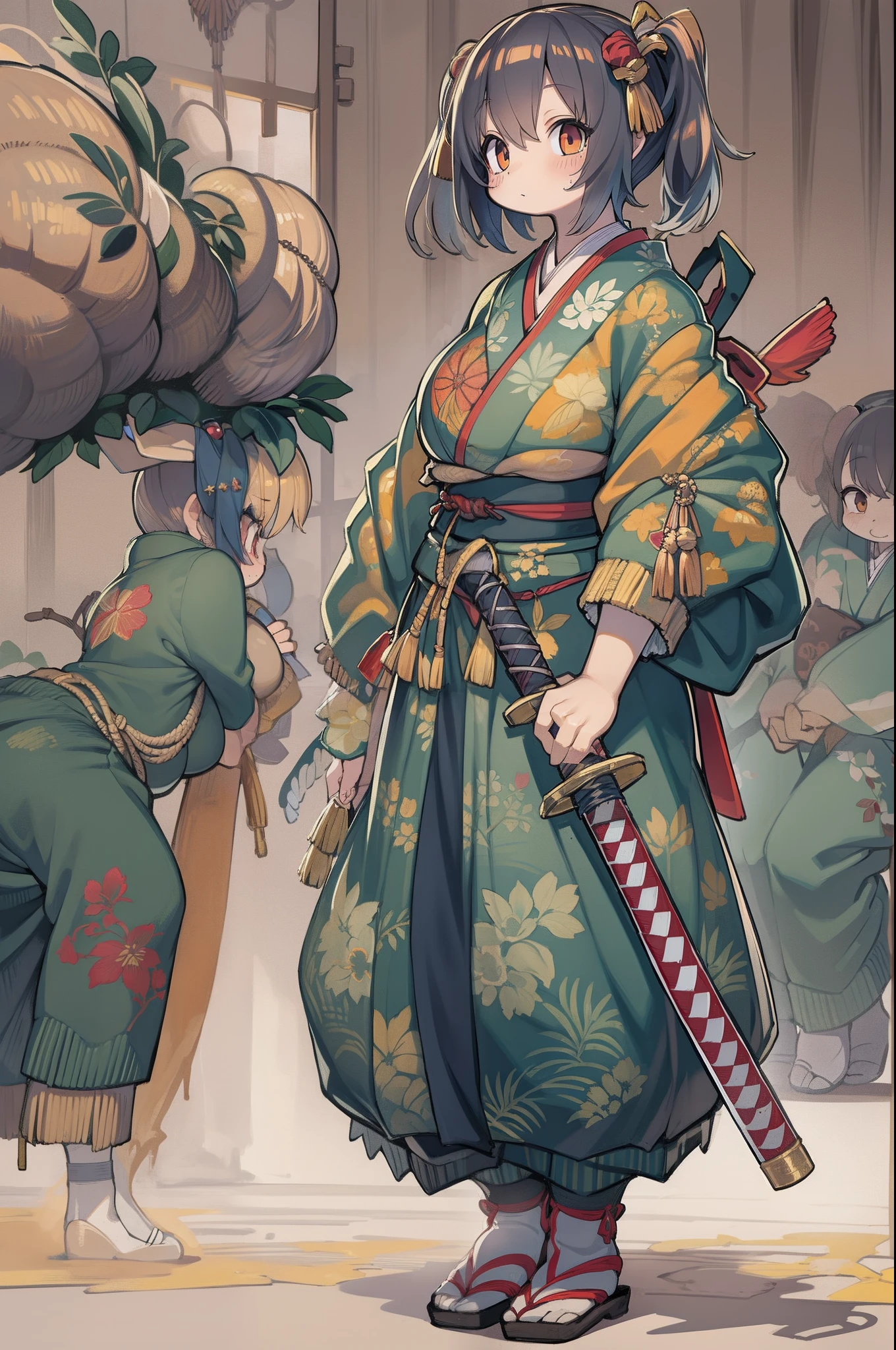 samurais、wielding a katana、Cute 、huge-breasted