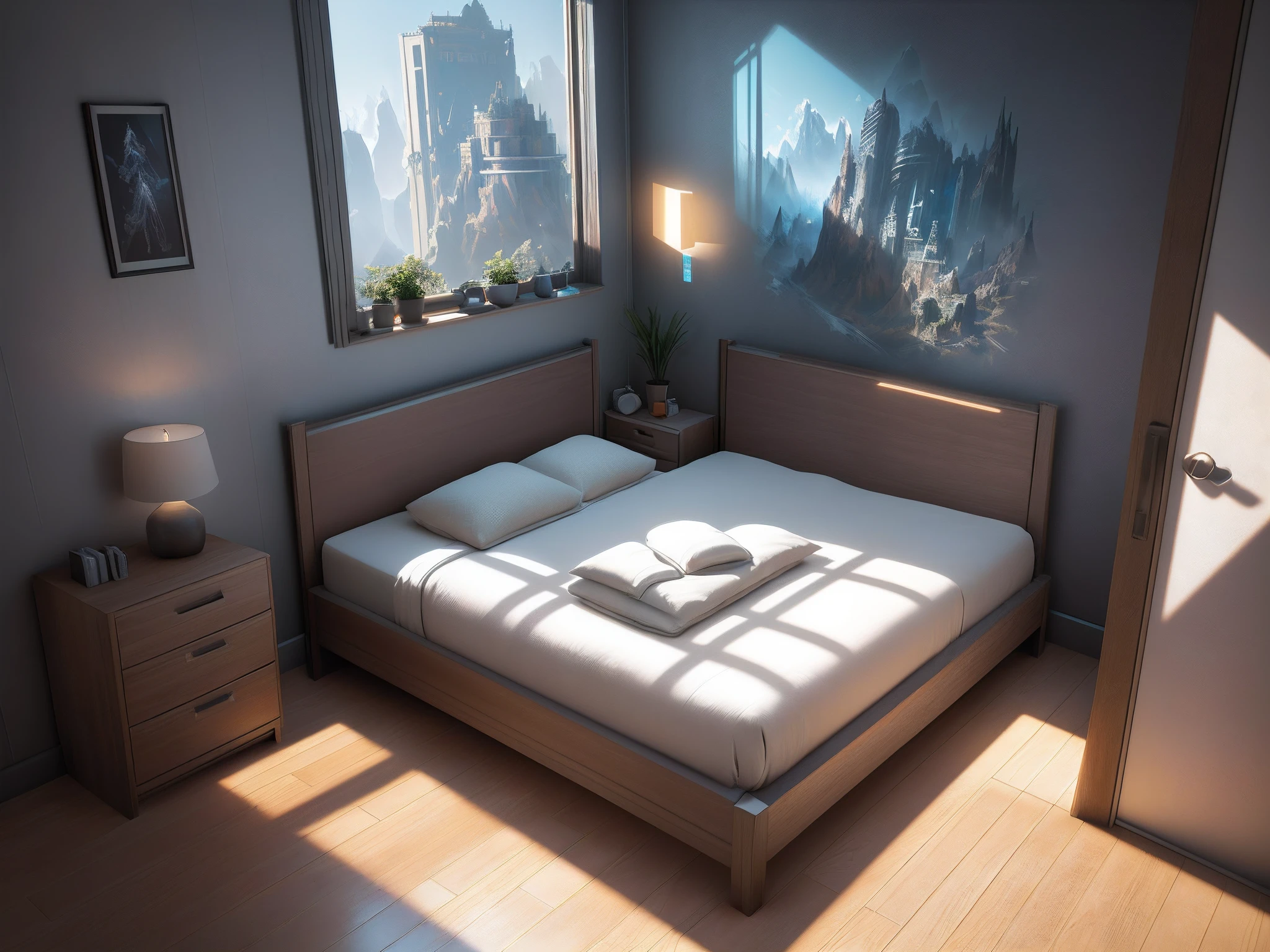 (Game concept art design: 1.1), (isometric 3D), (masterpiece), (extremely detailed CG unity 8k wallpaper), (best quality), (best illustration), (best shadow), isoaxial art, an apartment bedroom at night with large floor-to-ceiling windows, bed by the window, night view outside the window, sofa in the bedroom, tea table, doll, ray Tracing, Ultra Detailed, Illustration, Unreal Engine, ArtStation, Unreal 5, Daz, Surrealism, Octane Rendering, High Quality Shadows,