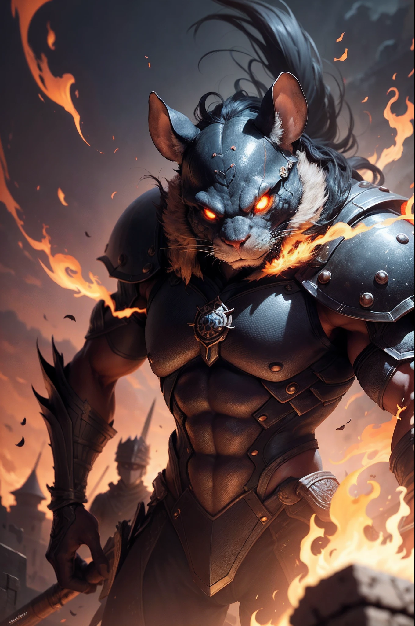 (anthropomorphic turtle),(Rat warriors:1.4),coda,a tall body,Stout limbs,disdain,ran,tosen,The long hairs of the flame fluttered in the wind,combats,Dynamic lines,Dimly lit battlefield,Ruined castle,(stereoscopic perspective:1.4),Works of masters,super-fine,4K分辨率,high qulity,电影灯光,High picture detail,Detailed pubic hair,Epic shooting,Clearly focused hair,Detailed hair depiction,acurate