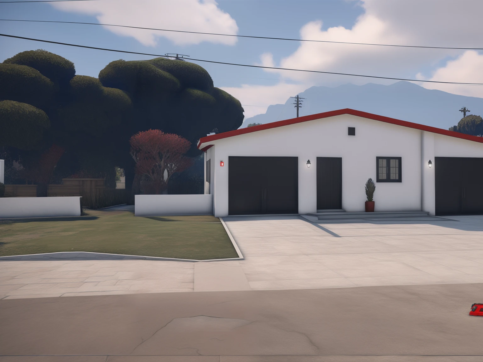 There is a white house with a red roof and a red roof, ((GTA 5 Casa Screenshot)), semi-realistic rendering, Renderizado no Lumion Pro, [ Fotorrealismo 4K ], altamente renderizado!!, Captura de tecido fotorrealista, renderizado em lumion, fully detailed render, renderizado em unreal engine 3d, realista estabelecendo tiro, [ Fotorrealismo 4K ]!!!