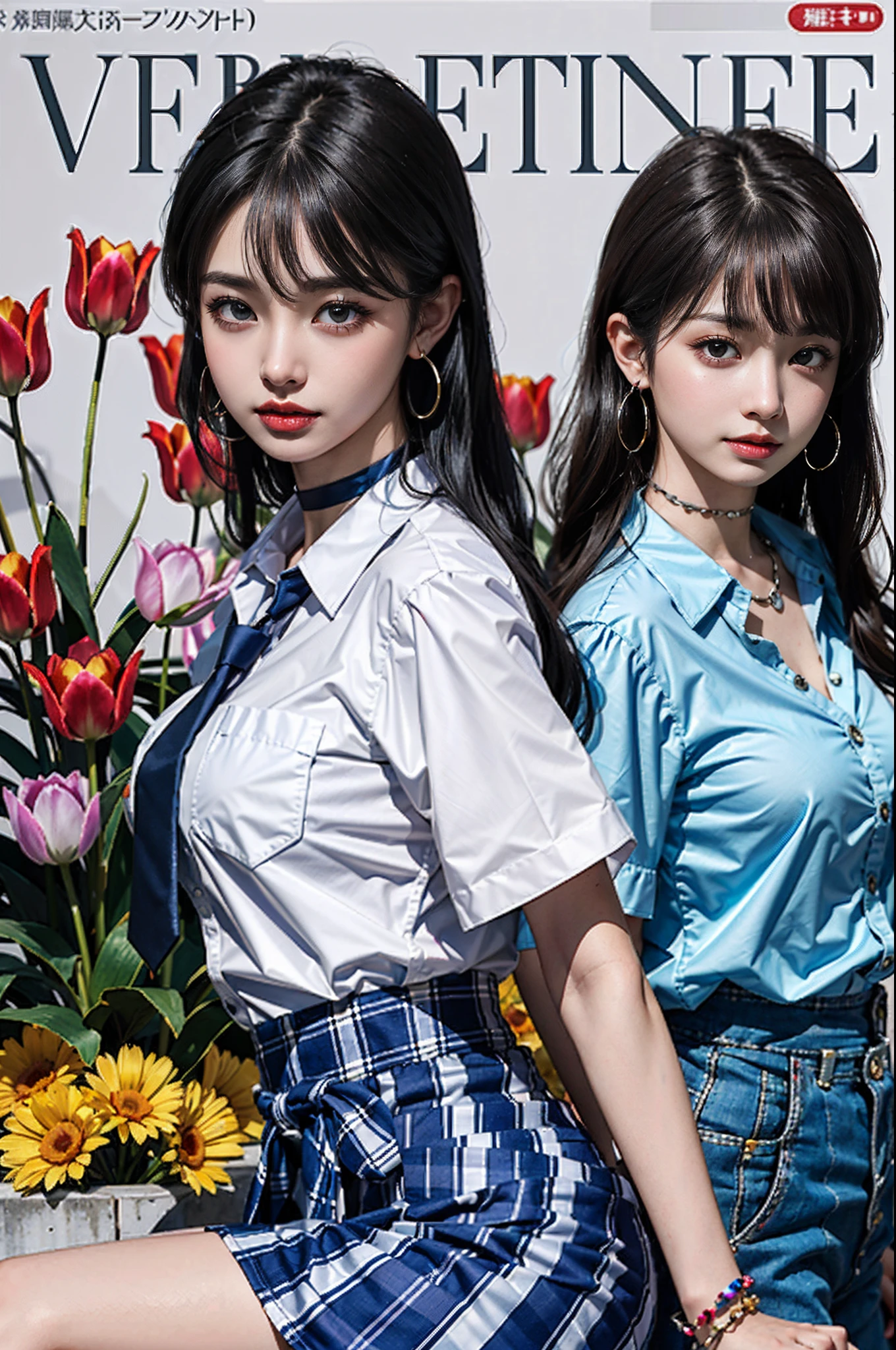 masterpiece, top-quality, full body Esbian, 1girl in, bangss, Black Choker, Black tie, A dark-haired, a blue skirt, red blush, A bracelet, breastsout, a choker, Clothing around the waist, 鎖骨, shirt with collar, cowboy shot, dress shirts, ear piercings, eyebrows visible through hair, gradation hair, Grinning, gals, jewely, Kogal, length hair, looking at the viewers, Loose tie, neck tie, piercings, Plaid, plaid skirts, pleatedskirt, red eyes, the ring, 校服, The shirt, skirt by the, A smile, 独奏, white shirt, a street, Skysky, cherry trees, flower petals,tulips,diagrams, (MagazineCover:1.3), (cover-style:1.3), Fashionable, femele, with a vibrant, outfits, the pose, the front, Colorful, Dynamic, Background with, element, self-assured, expresive, ngel, statement, accessorized, An majestic, coil, surroundings, Touch, The scene, Texto, covers, It's bold, captures the attention, Titles, Stylish, Font, It's catchy, headline, The large, Impressive, moderno, Trendy, Focus, lo fashion,