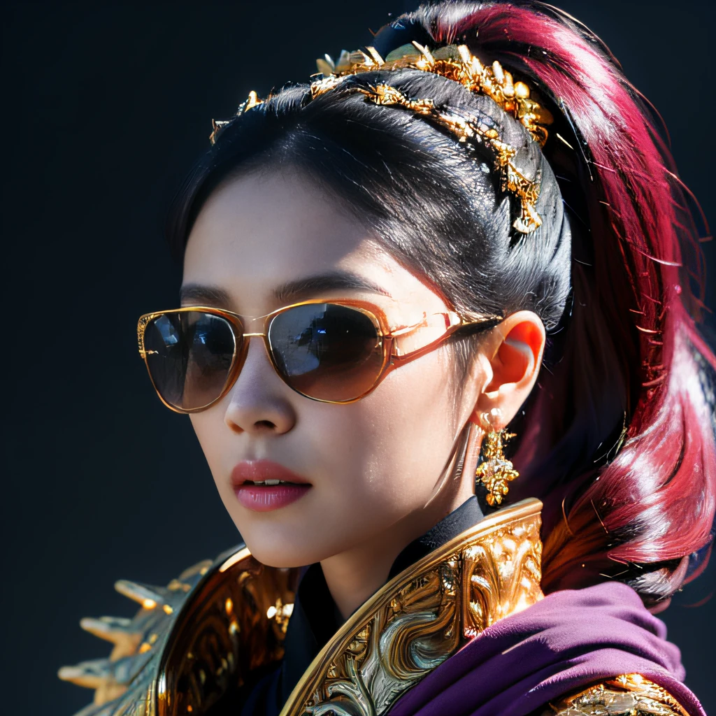 On a snowy morning,32K(tmasterpiece,k hd,hyper HD,32K)Purple-pink double ponytail,flower stick,Indigo Skull King ,Mahogany steering wheel (The skeleton is realistic:1.4),Crocodile pattern robe,Rusty skull ornaments,Sargin linen cloak,Petals flutter,Deep gold sunglasses,Hold your head high,Be proud,The nostrils look at people,A primary and secondary school student, A high resolution,Xueba, the detail, RAW photogr, Sharp Re, Nikon D850 Film Stock Photo by Jefferies Lee 4 Kodak Portra 400 Camera F1.6 shots, Rich colors, ultra-realistic vivid textures, Dramatic lighting, Unreal Engine Art Station Trend, cinestir 800,Hold your head high,Lateral face,Be proud,The nostrils look at people,Tsundere,Petals flutter,Petals flutter,Crocodiles sprinkled with gold dust,Fluttering,Impeccable,( reasonable design, Clear lines, High sharpness,Best quality, Very detailed skeleton, The skeleton of a masterpiece, offcial art, movie light effect, 8K crocodile skeleton(((Platinum marble sunglasses)))Deep gold sunglasses,side portrait