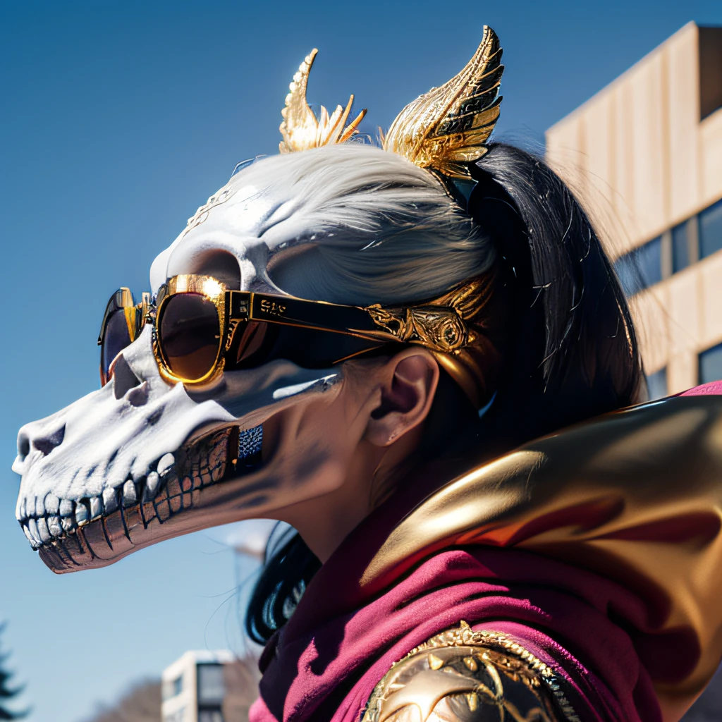 On a snowy morning,32K(tmasterpiece,k hd,hyper HD,32K)Purple-pink double ponytail,flower stick,Indigo Skull King ,Mahogany steering wheel (The skeleton is realistic:1.4),Crocodile pattern robe,Rusty skull ornaments,Sargin linen cloak,Petals flutter,Deep gold sunglasses,Hold your head high,Be proud,The nostrils look at people,A primary and secondary school student, A high resolution,Xueba, the detail, RAW photogr, Sharp Re, Nikon D850 Film Stock Photo by Jefferies Lee 4 Kodak Portra 400 Camera F1.6 shots, Rich colors, ultra-realistic vivid textures, Dramatic lighting, Unreal Engine Art Station Trend, cinestir 800,Hold your head high,Lateral face,Be proud,The nostrils look at people,Tsundere,Petals flutter,Petals flutter,Crocodiles sprinkled with gold dust,Fluttering,Impeccable,( reasonable design, Clear lines, High sharpness,Best quality, Very detailed skeleton, The skeleton of a masterpiece, offcial art, movie light effect, 8K crocodile skeleton(((Platinum marble sunglasses)))Deep gold sunglasses,side portrait