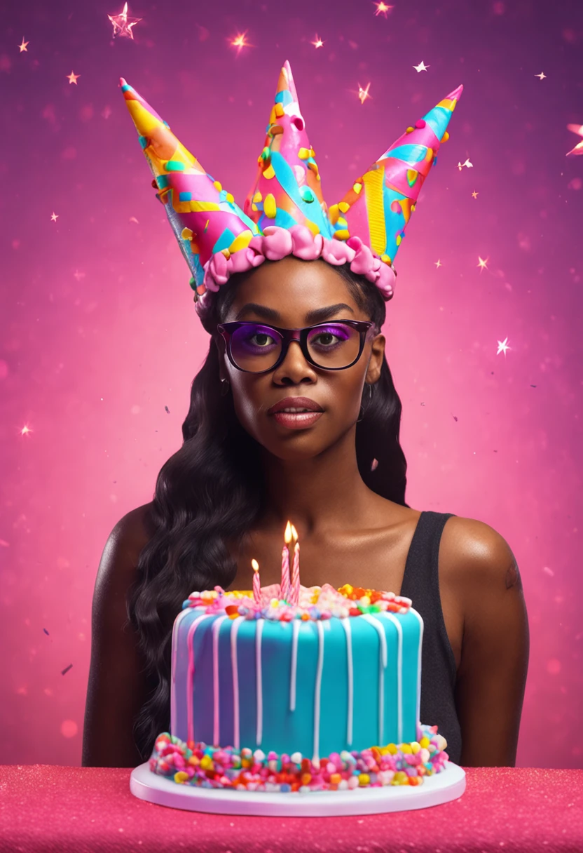 Young black woman with glasses. Birthday cake on the head, ultra realista, detalhado, 4k, colorido criativo