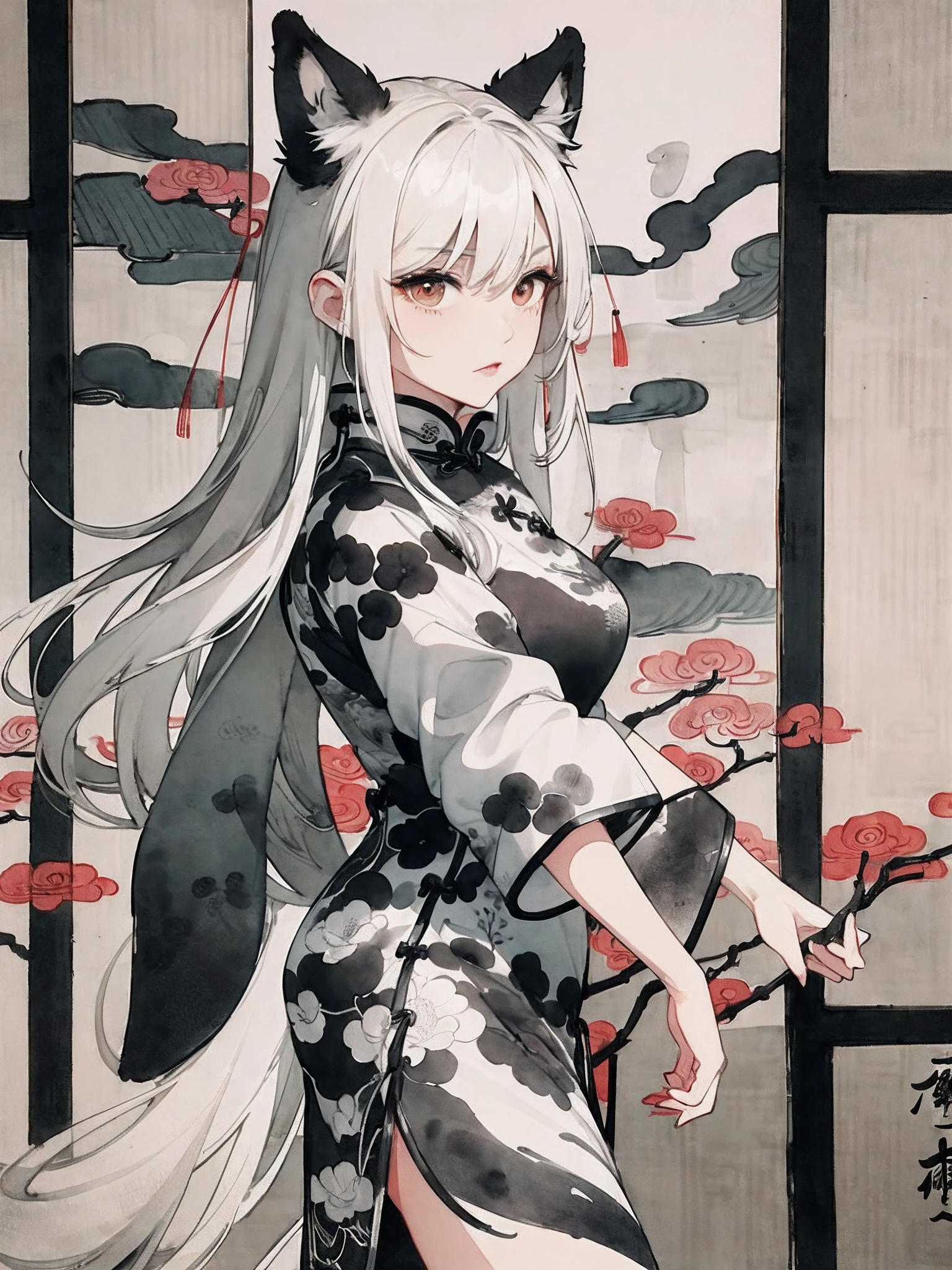 ((8K,masterpiece、top-quality))、((Traditional Chinese Ink Painting:1.4)),lotuses,((qipao dress:1.3)),Dress conservatively ,独奏、white hair、fox ear、blanche,looking at viewert