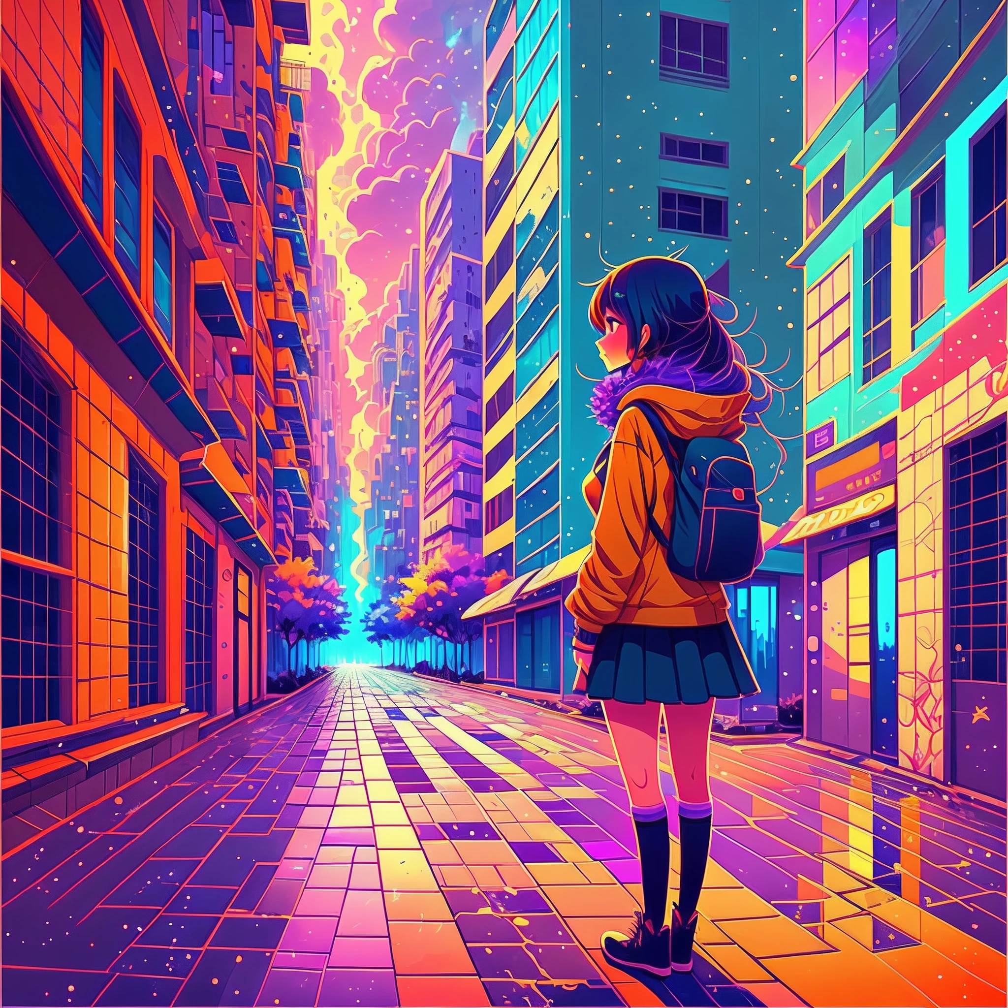 Anime girl standing in big city looking at rainbow sky,Near Future City、 makoto shinkai cyril rolando, anime art wallpaper 4k, anime art wallpaper 4k, Anime art wallpaper 8k, inspired by Cyril Rolando, in the style dan mumford artwork, amazing wallpapers, by Yuumei --auto --s2