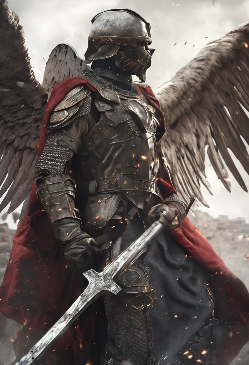 realista, 4k, An angel with big wings, una espada, una capucha sobre su cabeza en la imagen de fondo de una guerra (caos)