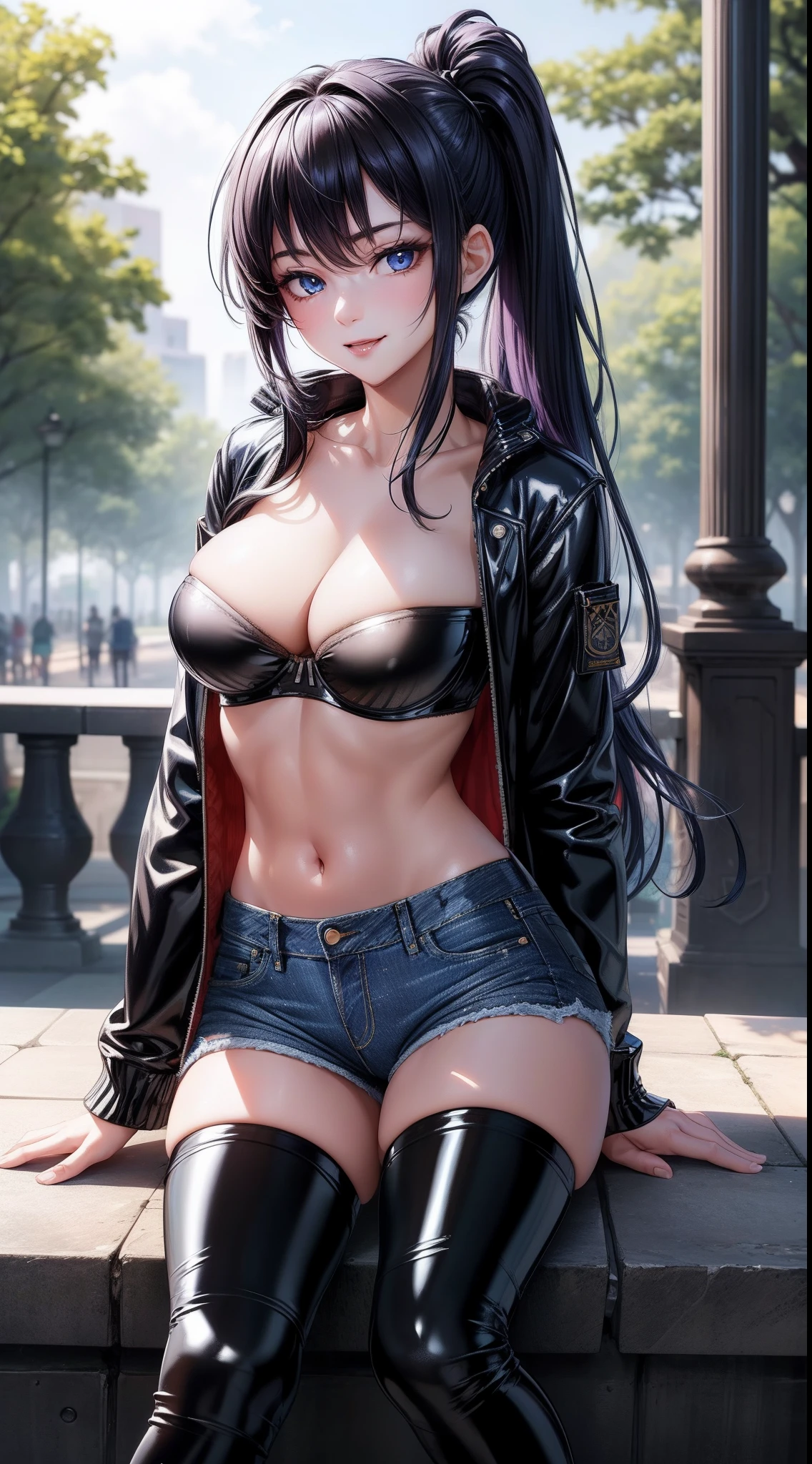 8k, highres, ultra detailed, (masterpiece:1.4), best quality, symmetrical body, a beautiful 18 year old girl, (jacket made of jeans material:1.4), (black latex bandeau bra:1.4), (jeans shorts:1.4), (cotton overknee socks:1.4), full body shot, cute, solo, long hair, purple hair, two ponytails hairstyle, blue eyes, glow effect, finely eye, detailed face, looking at viewer, smilling at viewer, dominant look, (seductive:1.4), big breasts, sun, rim light, in the park