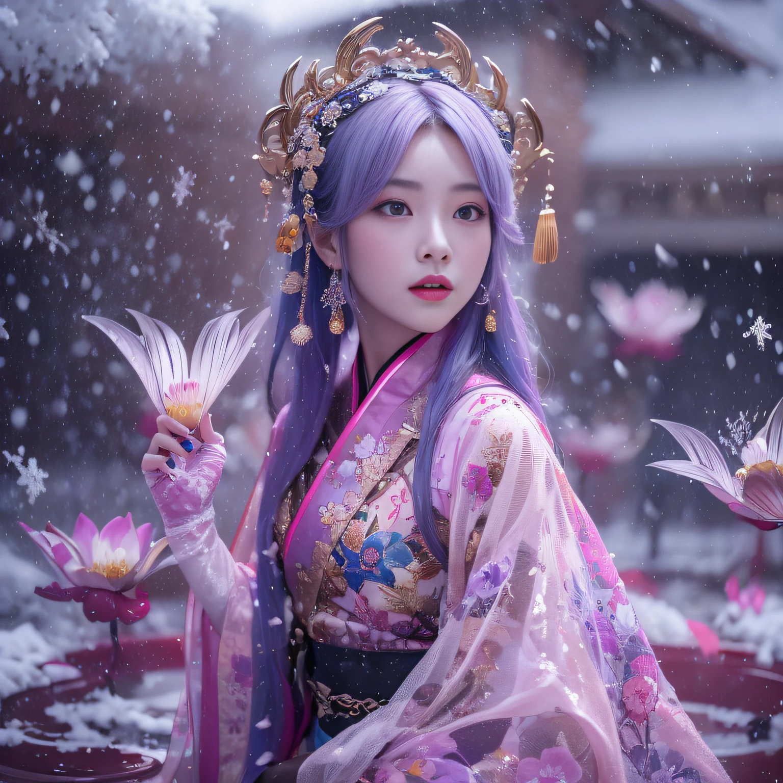 Snow hoop exclusion area 32K（tmasterpiece，k hd，hyper HD，32K）Long flowing purple-pink hair，Autumn Pond，zydink， a color， Tongzhou people （Girl with glowing eyes）， （Thin silk scarf）， Side squat position， looking at the ground， long whitr hair， Floating hair， Python headdress， Chinese long-sleeved clothing， （abstract ink splash：1.2）， white backgrounid，Lotus protector（realisticlying：1.4），Purple-pink hair，Snowflakes fluttering，The background is pure， A high resolution， the detail， RAW photogr， Sharp Re， Nikon D850 Film Stock Photo by Jefferies Lee 4 Kodak Portra 400 Camera F1.6 shots, Rich colors, ultra-realistic vivid textures, Dramatic lighting, Unreal Engine Art Station Trend, cinestir 800，Long flowing purple-pink hair