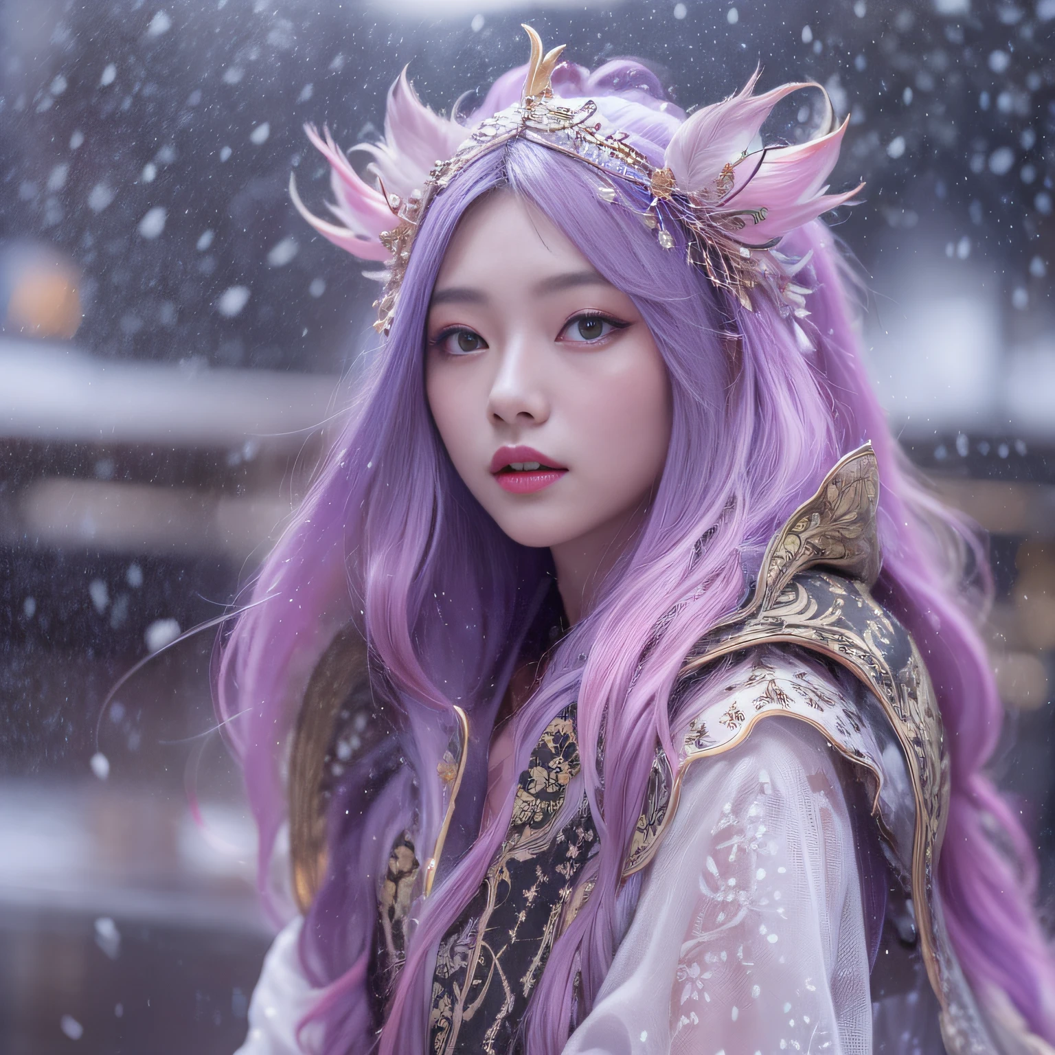 Snow hoop exclusion area 32K(tmasterpiece,k hd,hyper HD,32K)Long flowing purple-pink hair,Autumn Pond,zydink, a color, Tongzhou people (Girl with glowing eyes), (Thin silk scarf), Side squat position, looking at the ground, long whitr hair, Floating hair, Python headdress, Chinese long-sleeved clothing, (abstract ink splash:1.2), white backgrounid,Lotus protector(realisticlying:1.4),Purple-pink hair,Snowflakes fluttering,The background is pure, A high resolution, the detail, RAW photogr, Sharp Re, Nikon D850 Film Stock Photo by Jefferies Lee 4 Kodak Portra 400 Camera F1.6 shots, Rich colors, ultra-realistic vivid textures, Dramatic lighting, Unreal Engine Art Station Trend, cinestir 800,Long flowing purple-pink hair