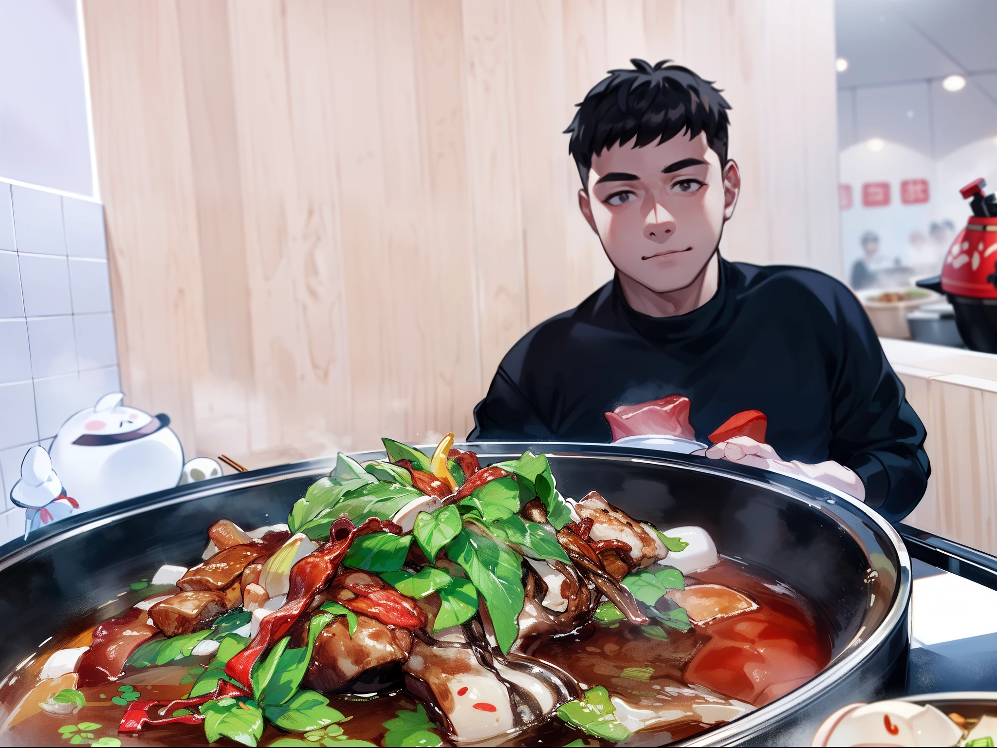 (tmasterpiece,best qualtiy:1.3),Reflectors,The is very detailed,(Very detailed CG unity 8k wallpaper),cinmatic lighting,detailed back ground, dramatics,A handsome boy eats hot pot at a hot pot restaurant,heal,crowd of,