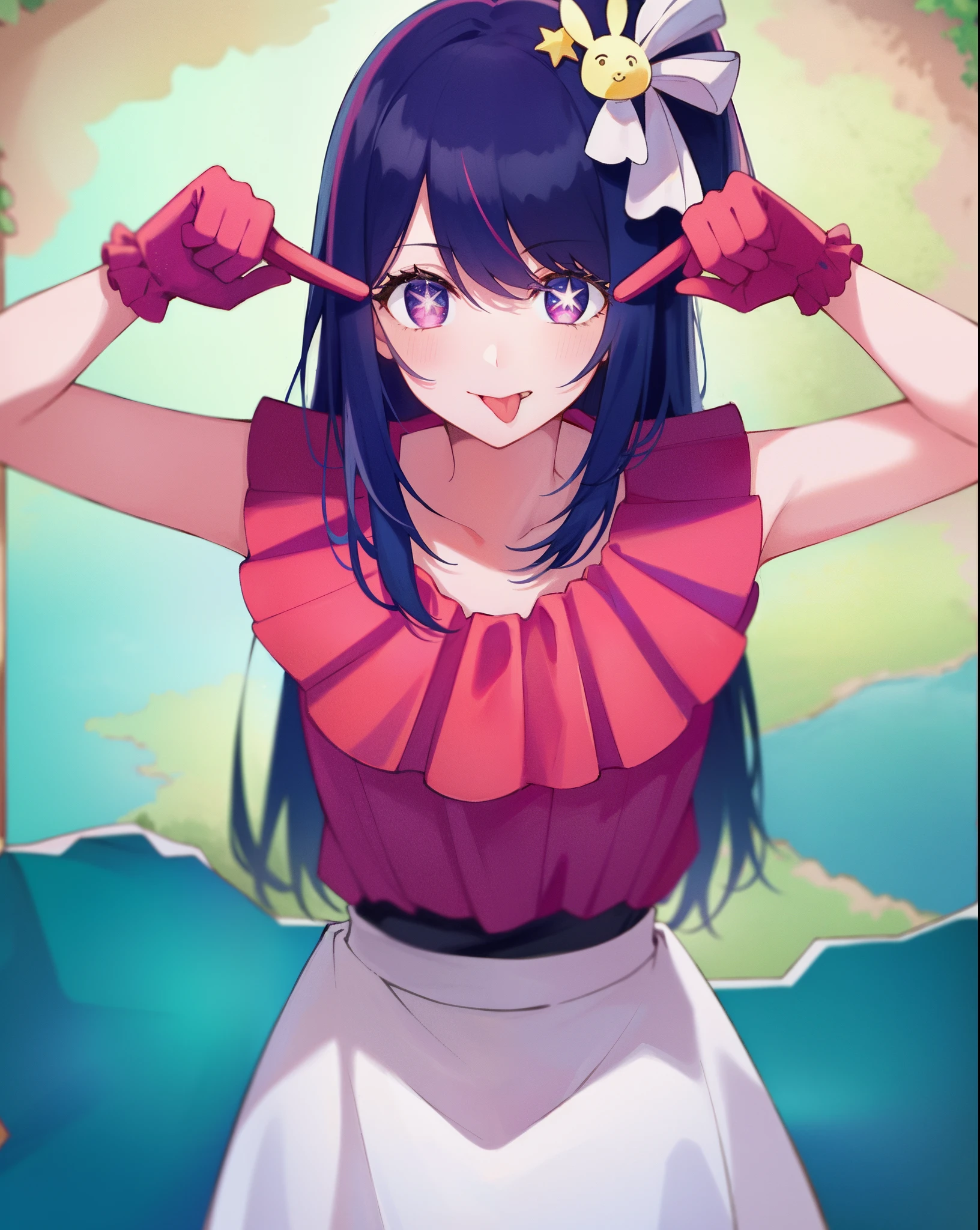1girl, full body, cowboy shot,
(Rembrandt), illustration, (masterpiece), (best quality), (ultra_detailed), finely detail, (Depth of field),
HshinoAi,gloves, tongue out, tongue, long hair, star \(symbol\), looking at viewer, (purple hair:1.2), purple eyes, upper body, hair ornament, :p, frills, pink shirt, smile, sleeveless, shirt, idol, symbol-shaped pupils, hands up, bangs, one side up, star-shaped pupils, arms up,
dress pull,
Roaring Twenties, isometric, from above, sky, flower, cliff,