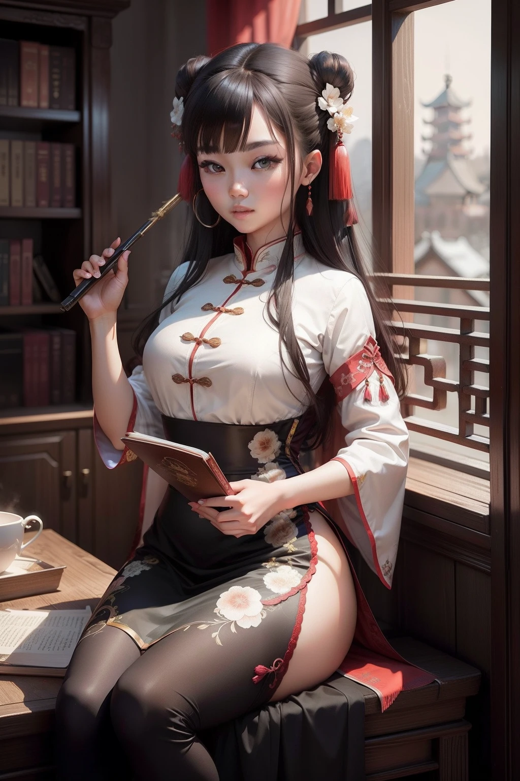 period costume，teens girl，Stick out your tongue，roll eyes，Chinese big breasts， --auto