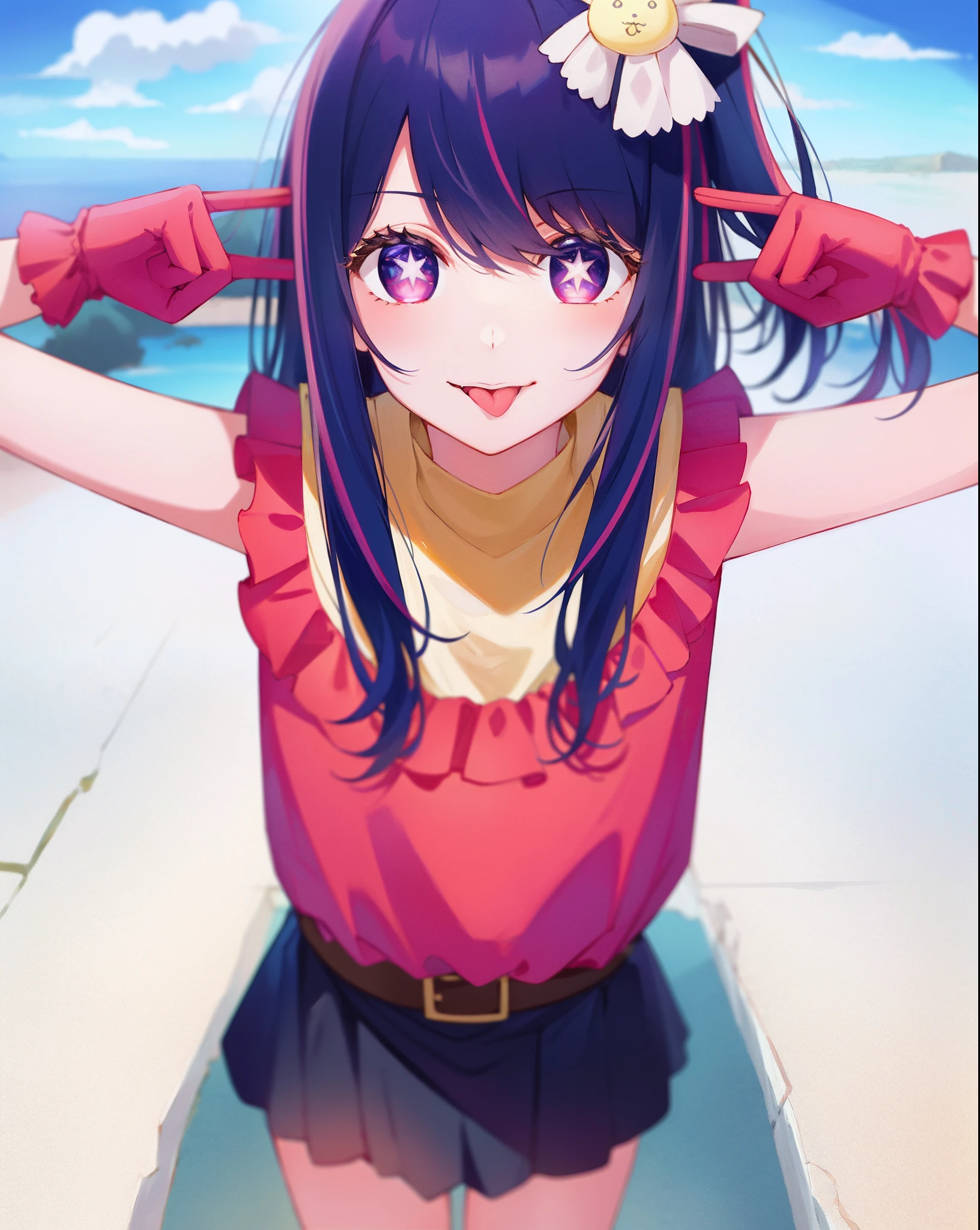 1girl, full body, cowboy shot,
(Rembrandt), illustration, (masterpiece), (best quality), (ultra_detailed), finely detail, (Depth of field),
HshinoAi,gloves, tongue out, tongue, long hair, star \(symbol\), looking at viewer, (purple hair:1.2), purple eyes, upper body, hair ornament, :p, frills, pink shirt, smile, sleeveless, shirt, idol, symbol-shaped pupils, hands up, bangs, one side up, star-shaped pupils, arms up,
dress pull,
Roaring Twenties, isometric, from above, sky, flower, cliff,